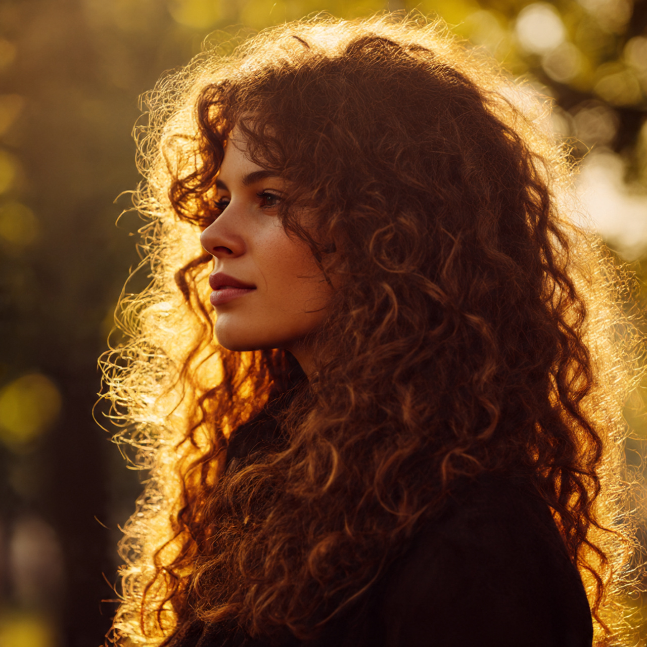a woman with thick long layered curly