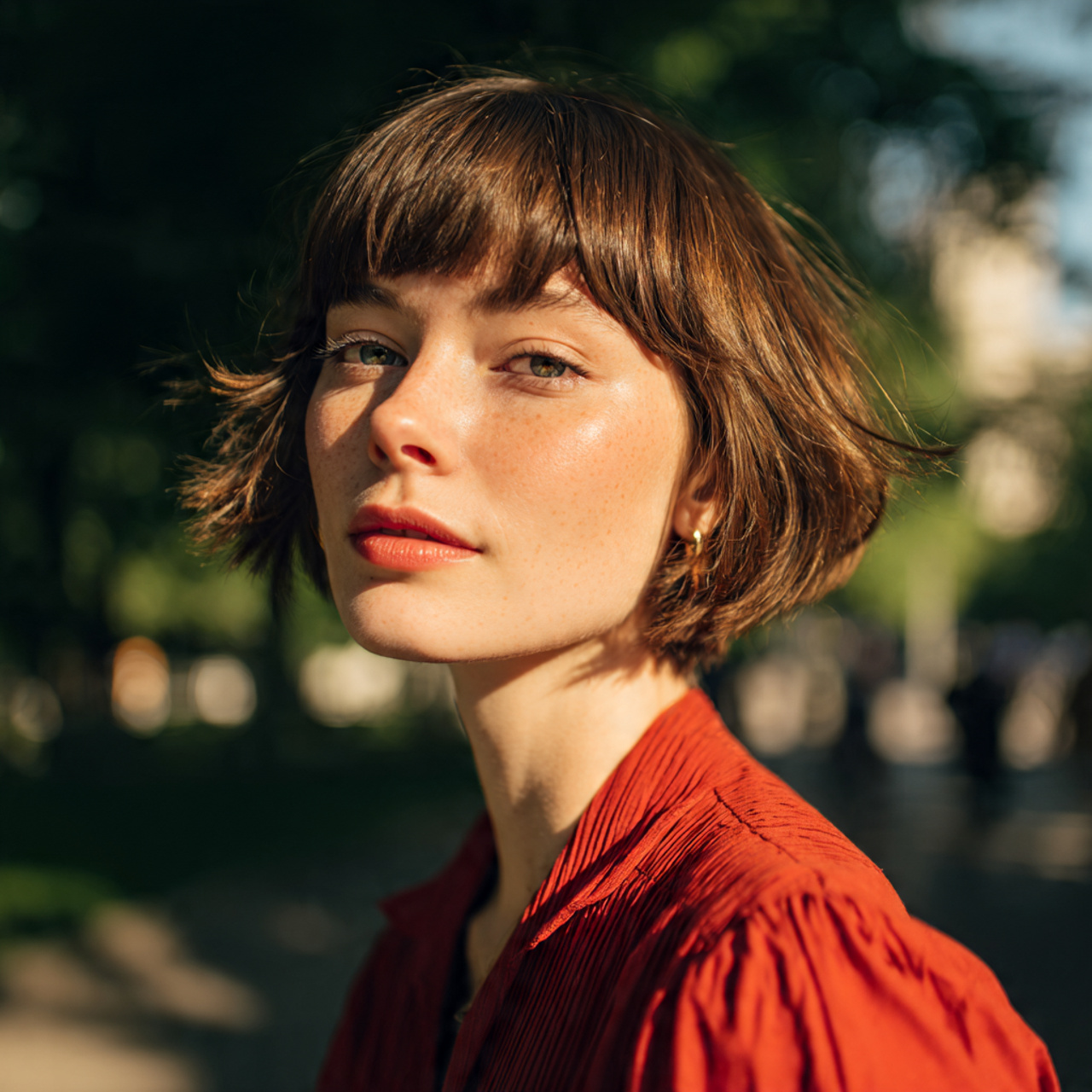 a woman with unique facial features wearing
