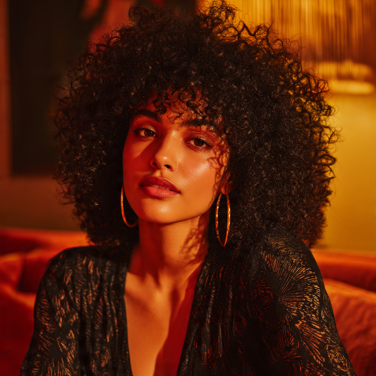 a woman with voluminous curly lace frontal