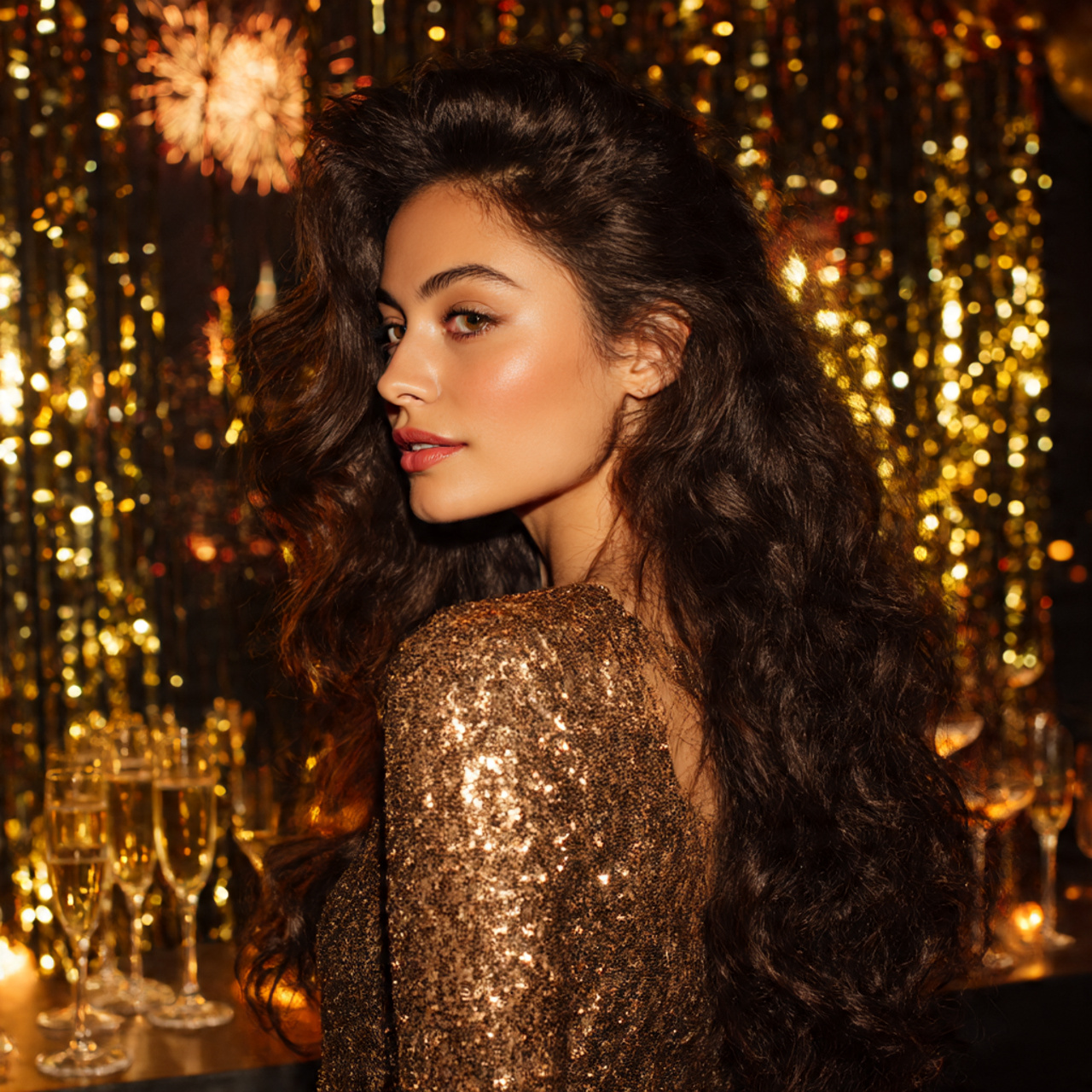 a woman with voluminous glossy hair styled