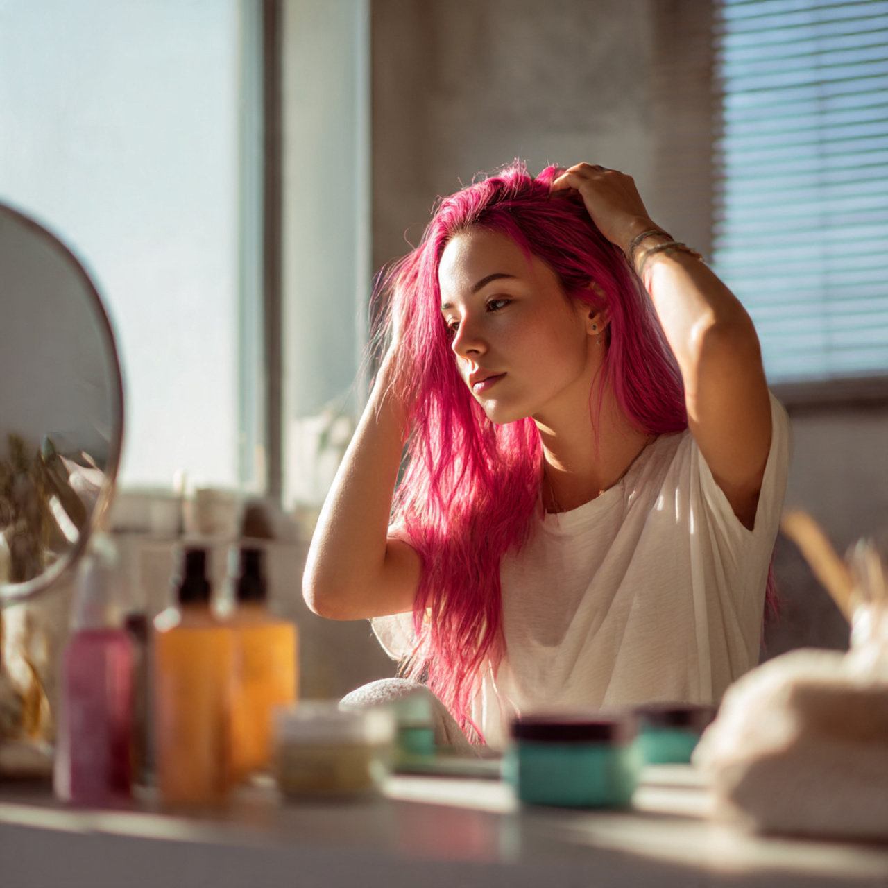 32 Ultimate Pink Hair Color Inspiration for Every Personality 20 a young woman applying vibrant pink hair