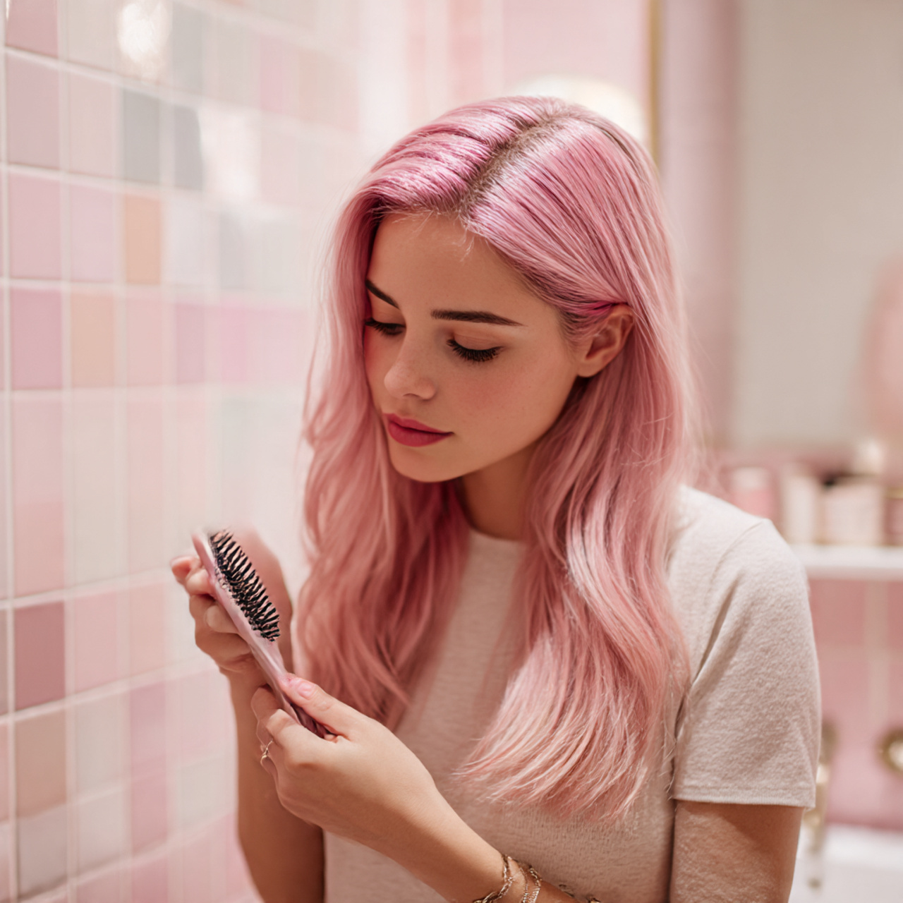32 Ultimate Pink Hair Color Inspiration for Every Personality 18 a young woman in a chic bathroom