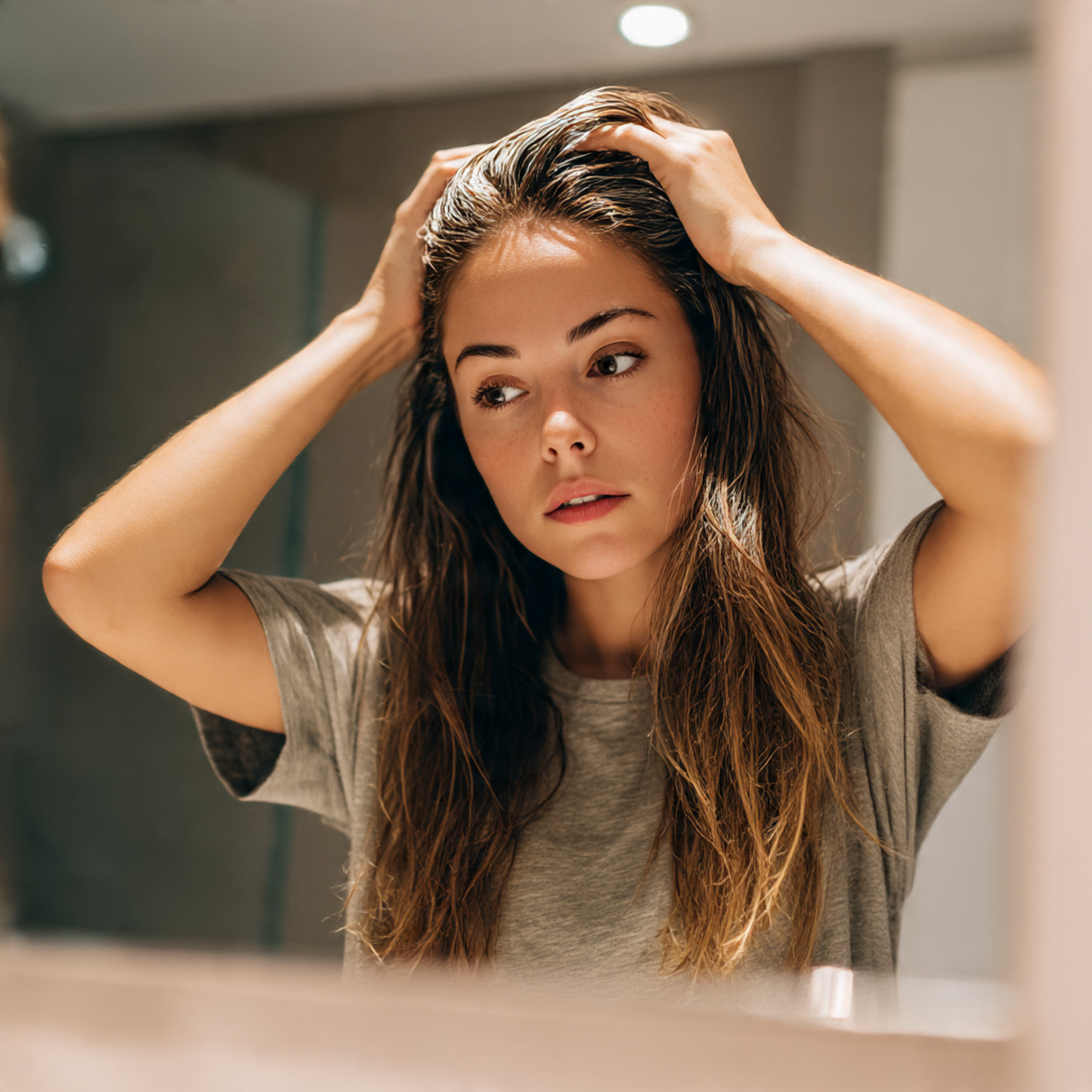 a young woman in a well lit bathroom