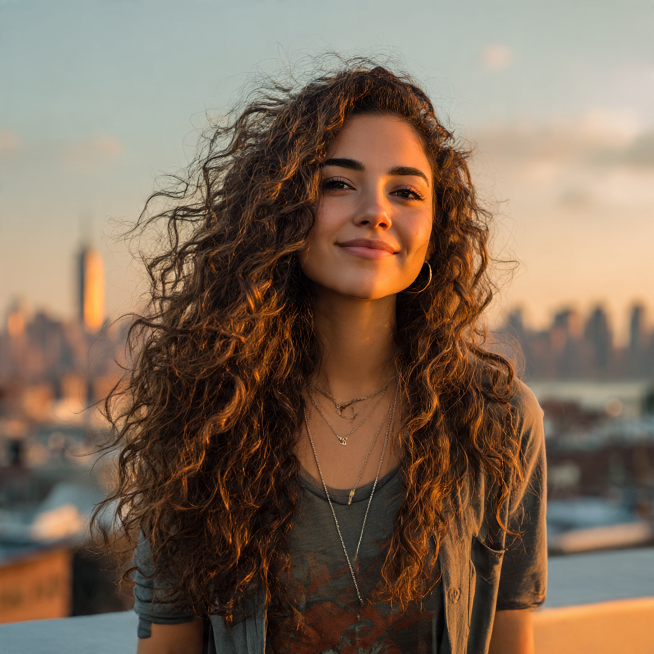 a young woman outdoors with long layered 2
