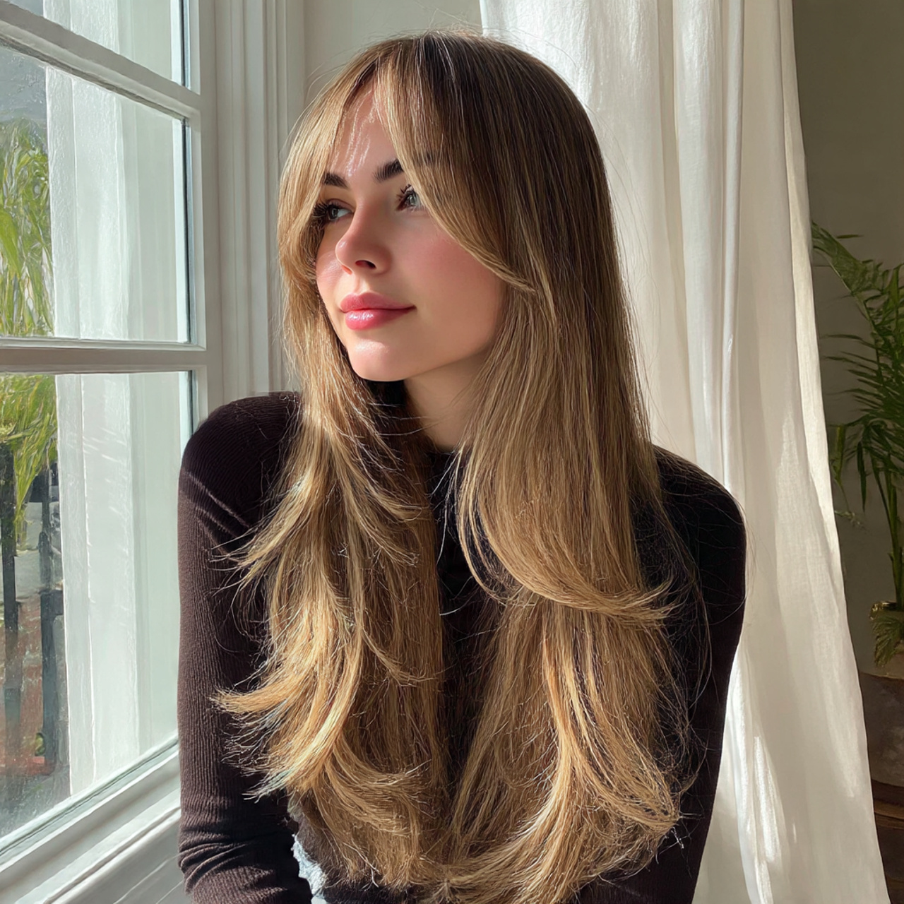 Best Long Hairstyles for Women: 27 Chic Ideas 9 a young woman showcasing curtain bangs with