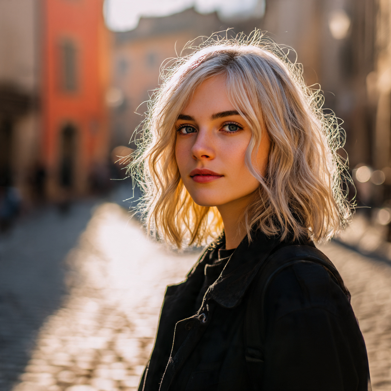 a young woman with a cool beige