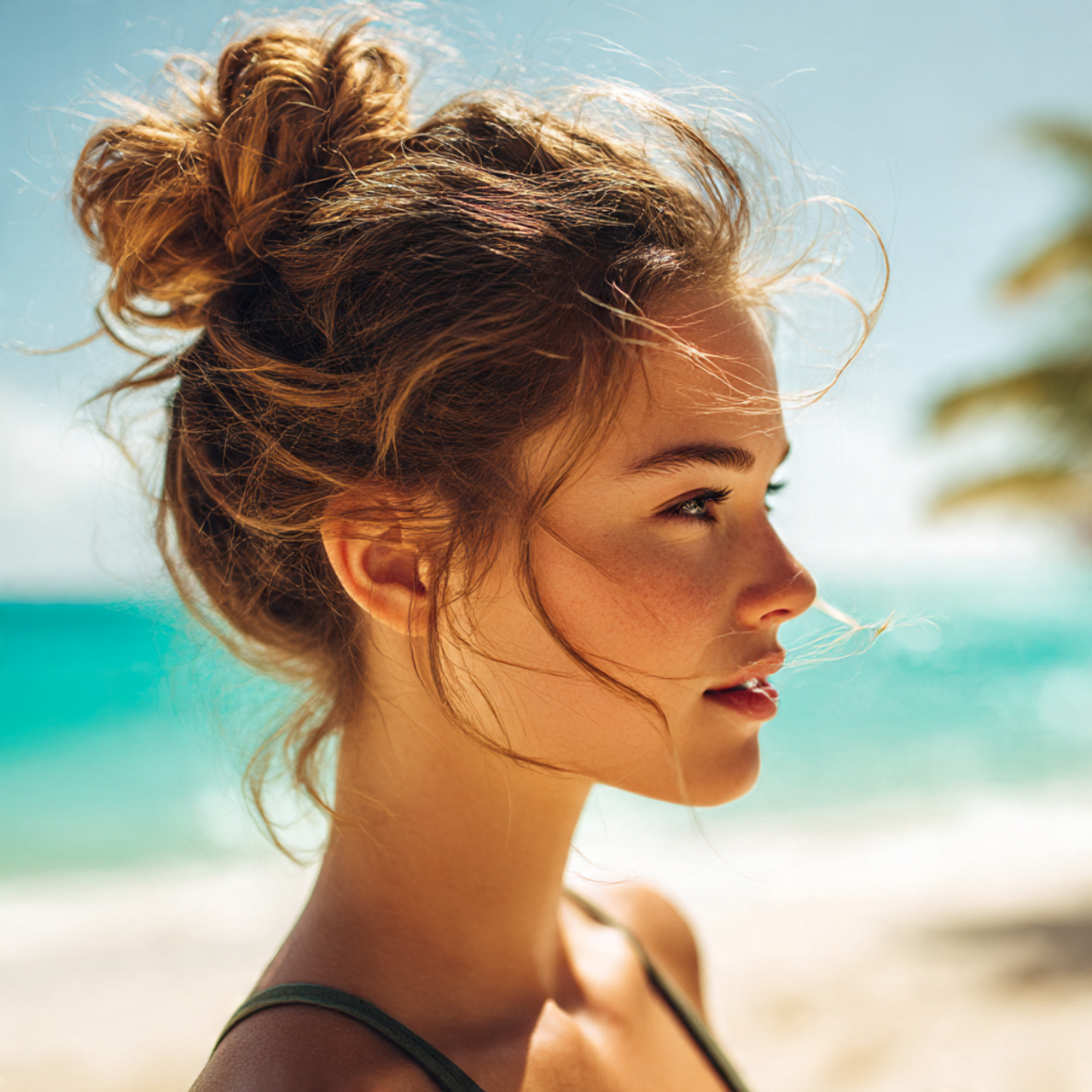 a young woman with a messy top