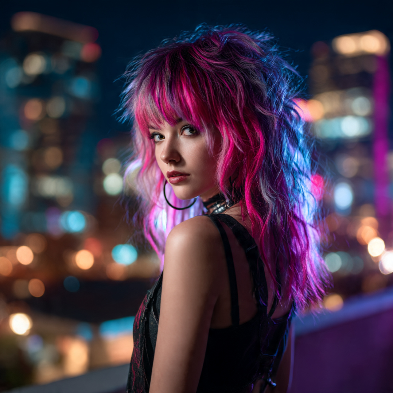 a young woman with a vibrant wolf