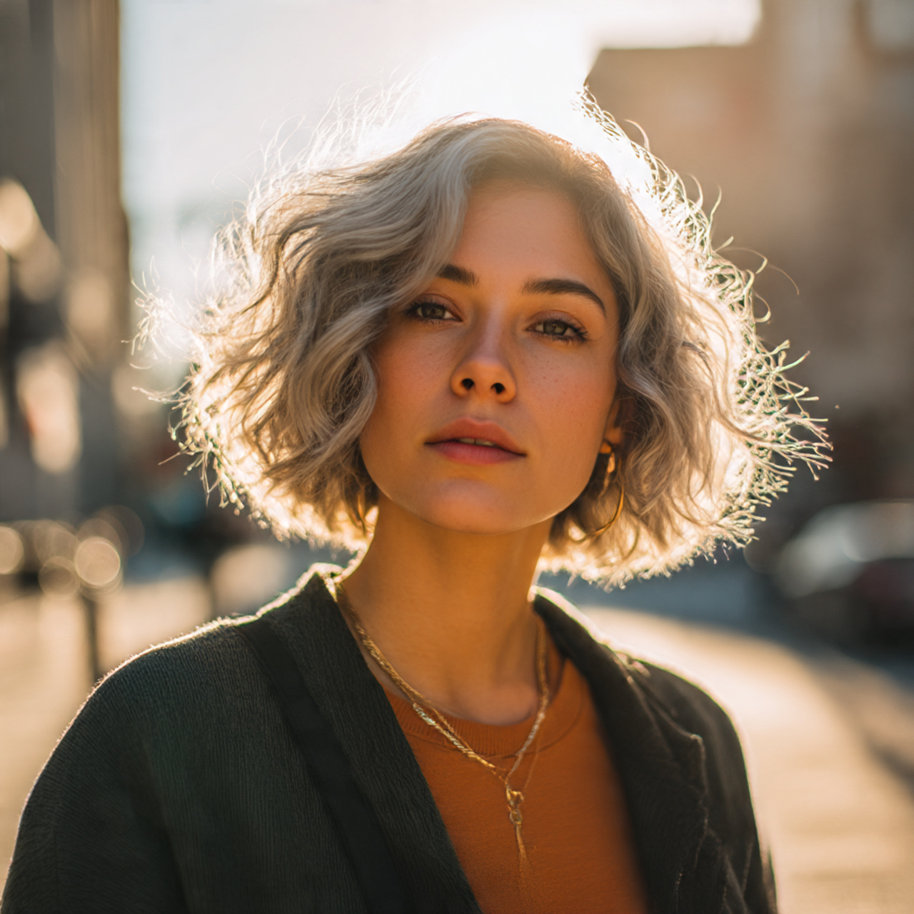 a young woman with a wavy grey
