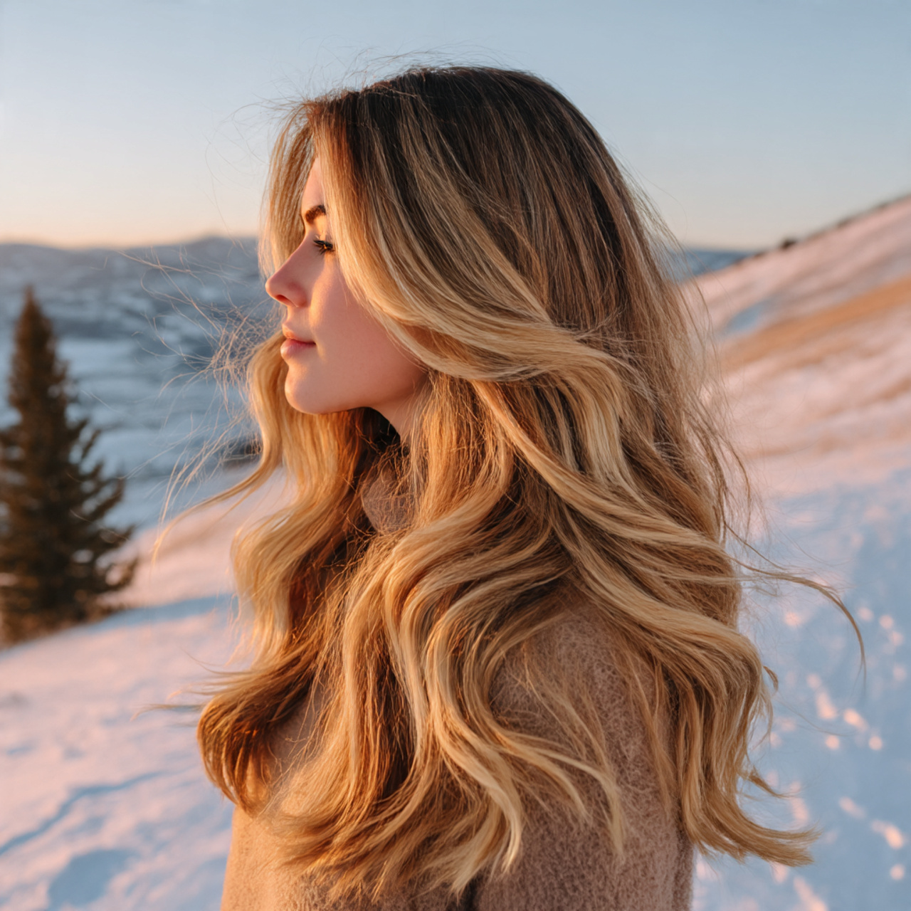 a young woman with buttery caramel balayage