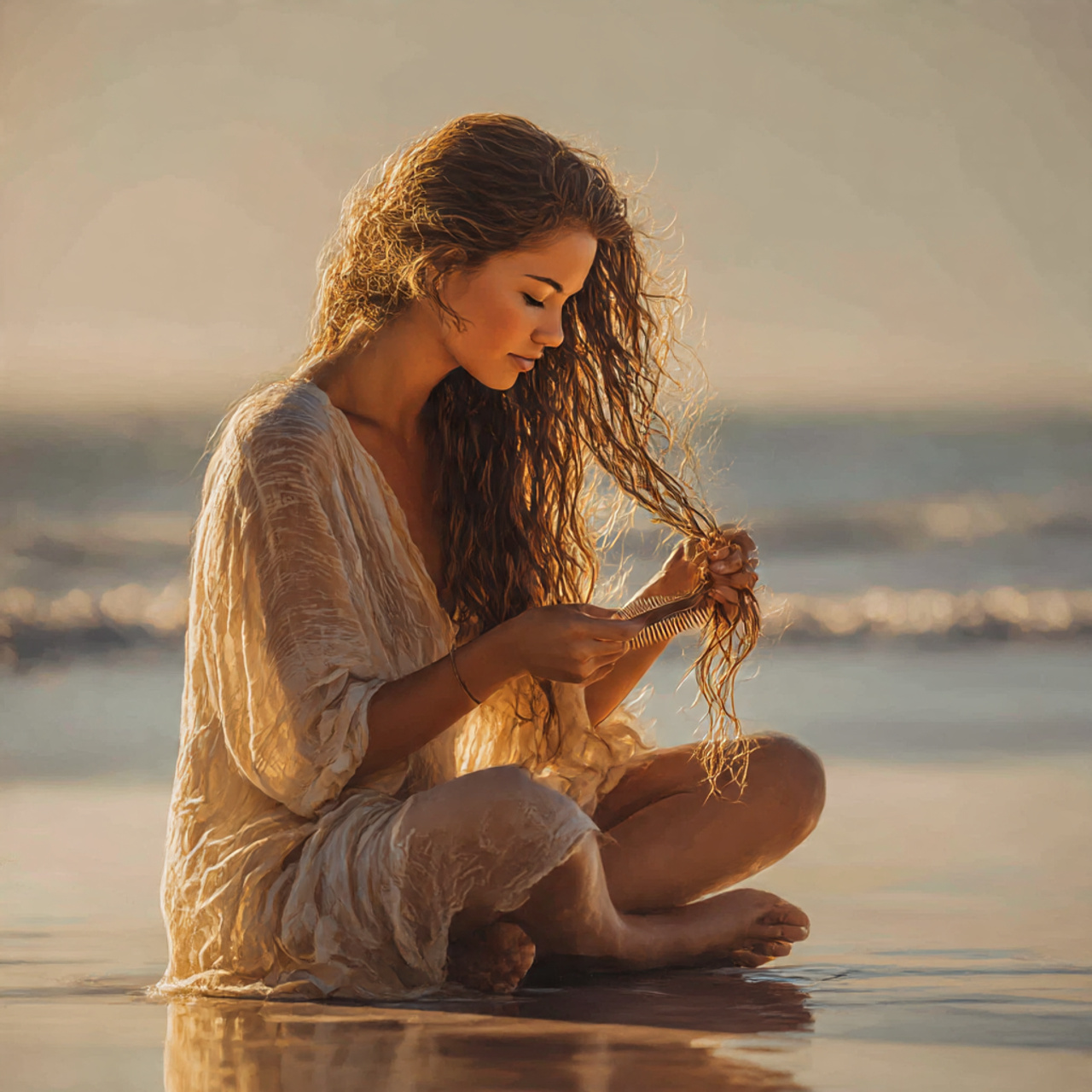 a young woman with damp sun kissed hair