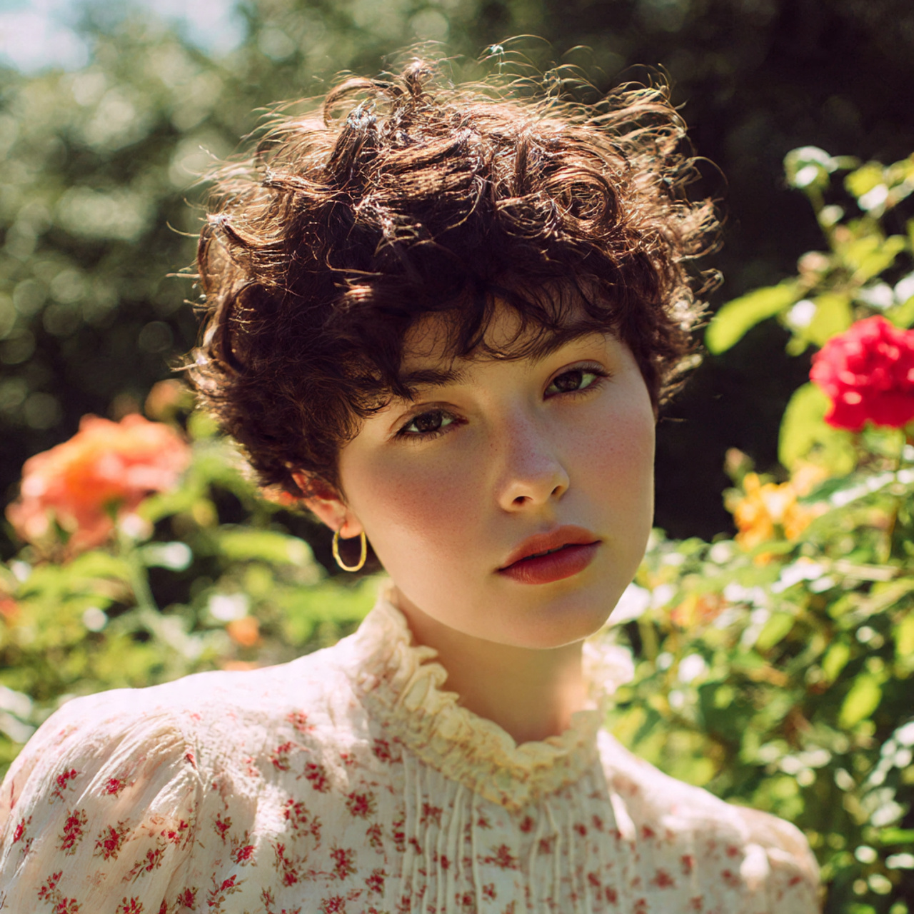 a young woman with face framing curlicues curly