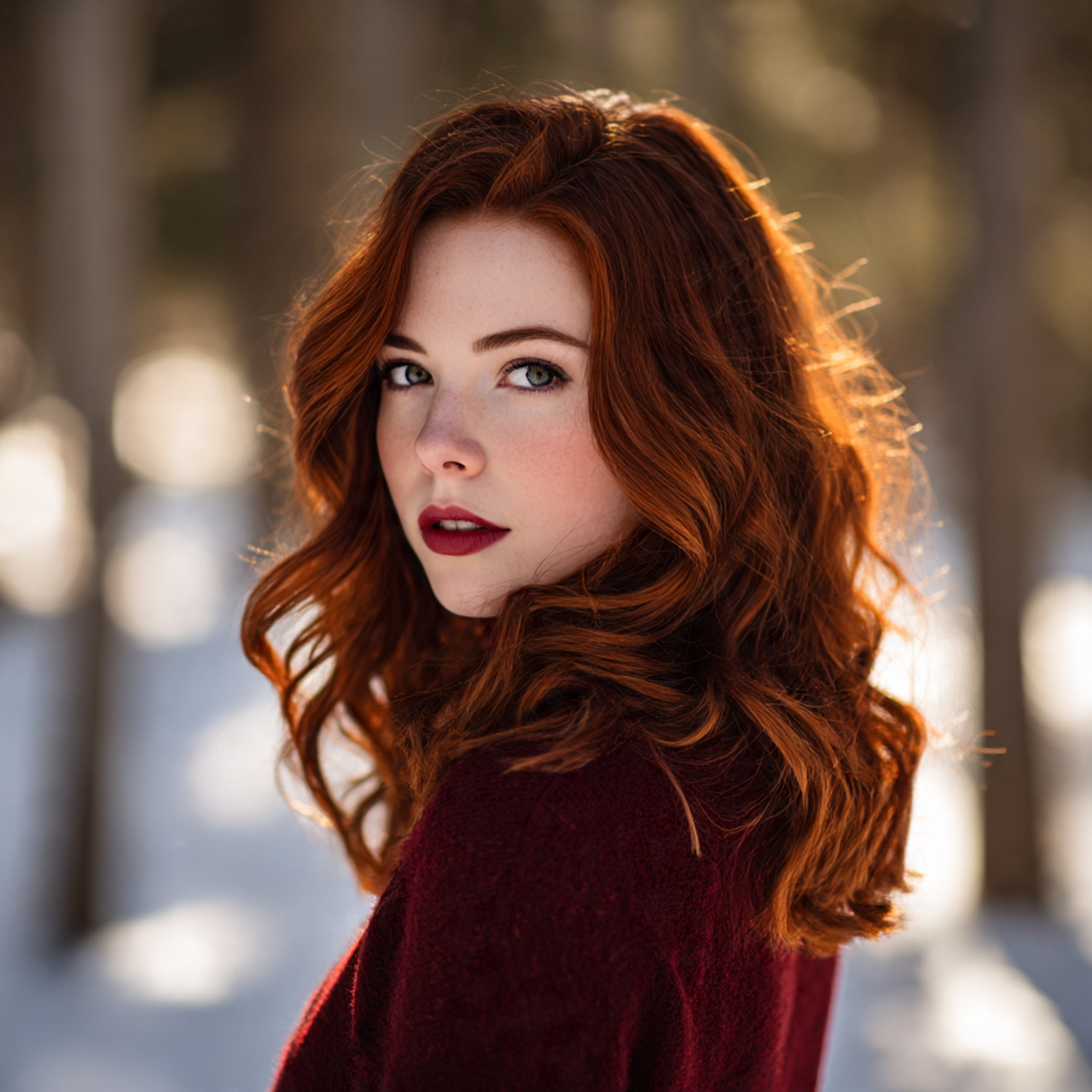 a young woman with rich mahogany red