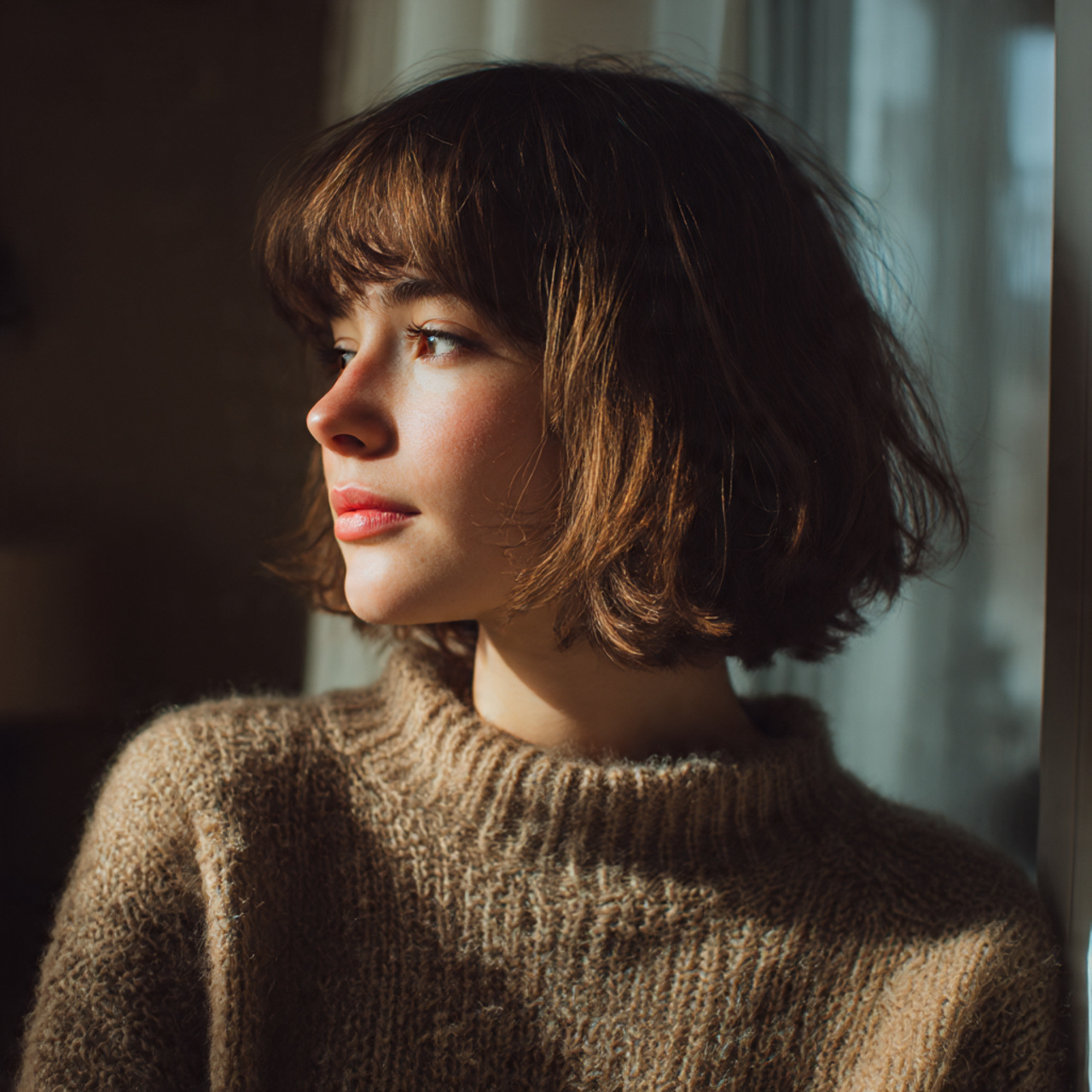 a young woman with soft curtain bangs