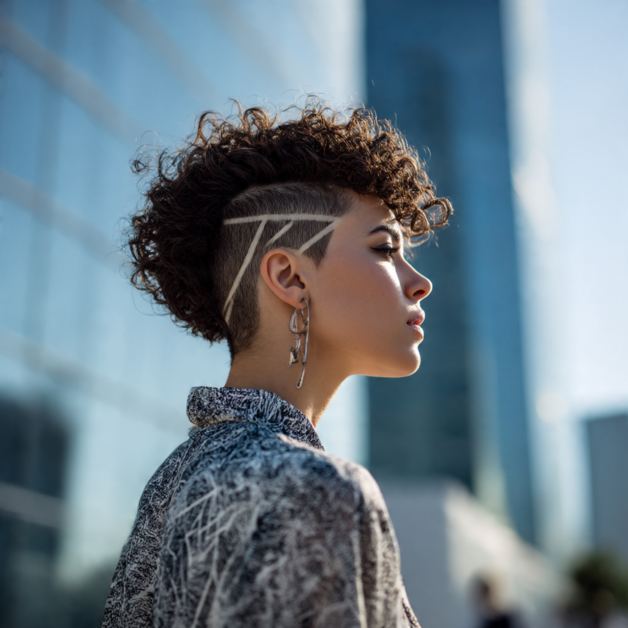 an edgy fashion model with a shaved