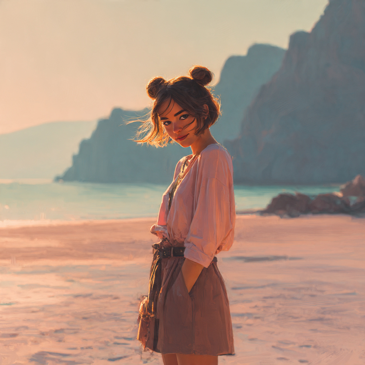 attractive woman standing on a sandy shore