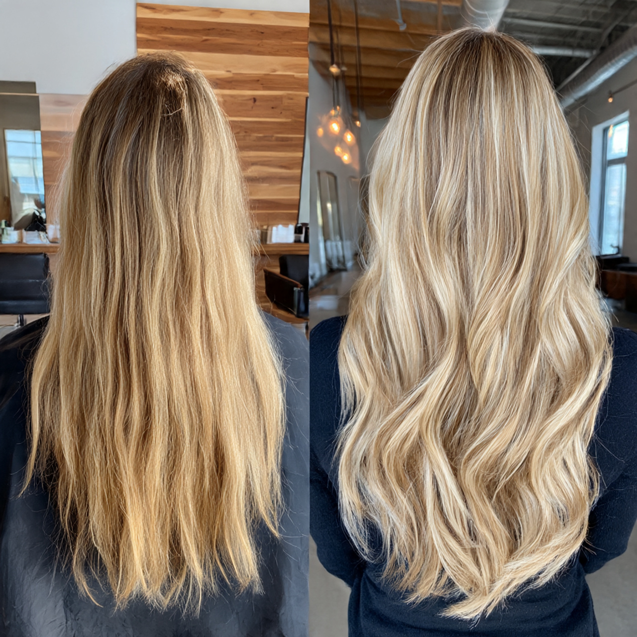 before and after transformation of solid blonde hair into