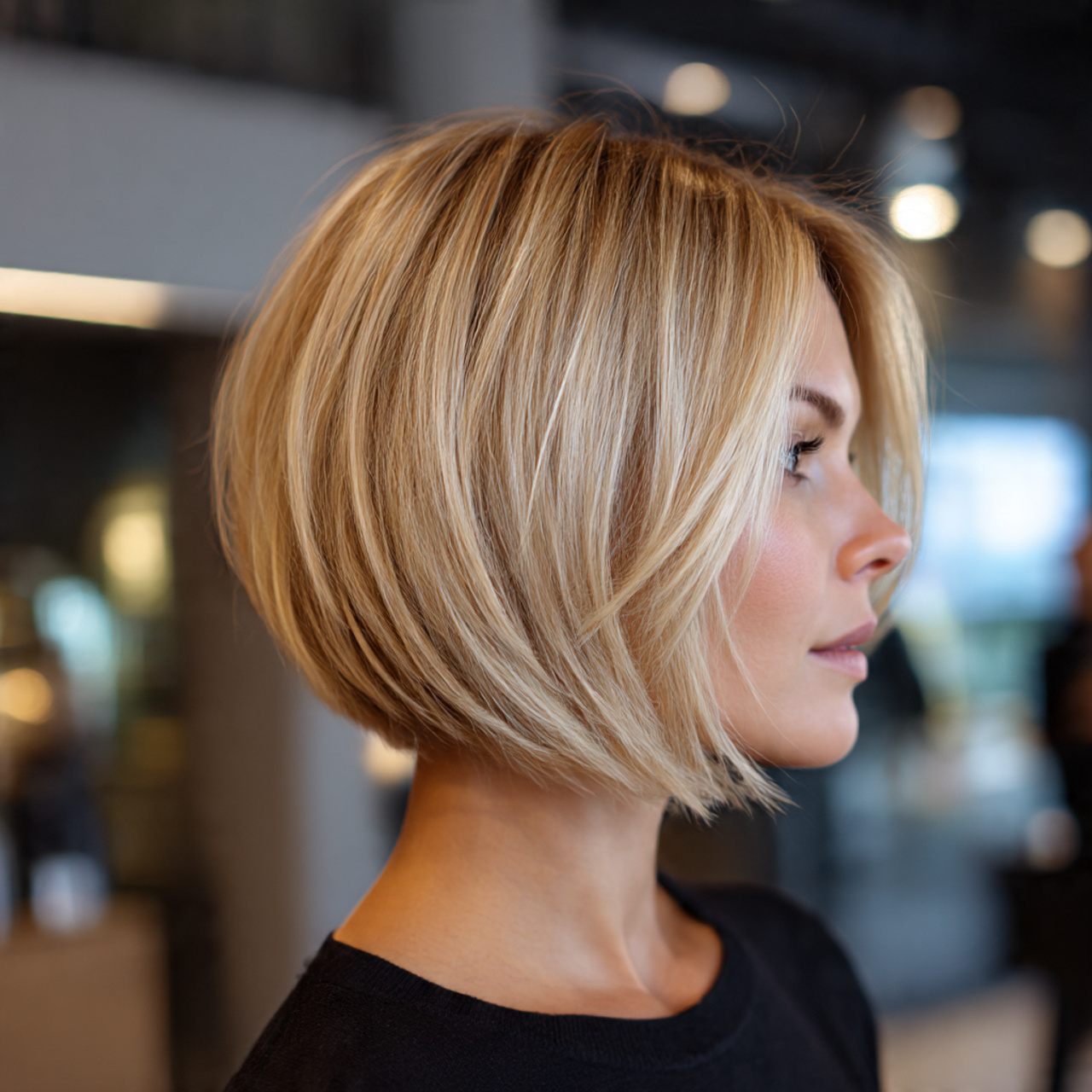 blonde a line bob haircut graduated layers angled