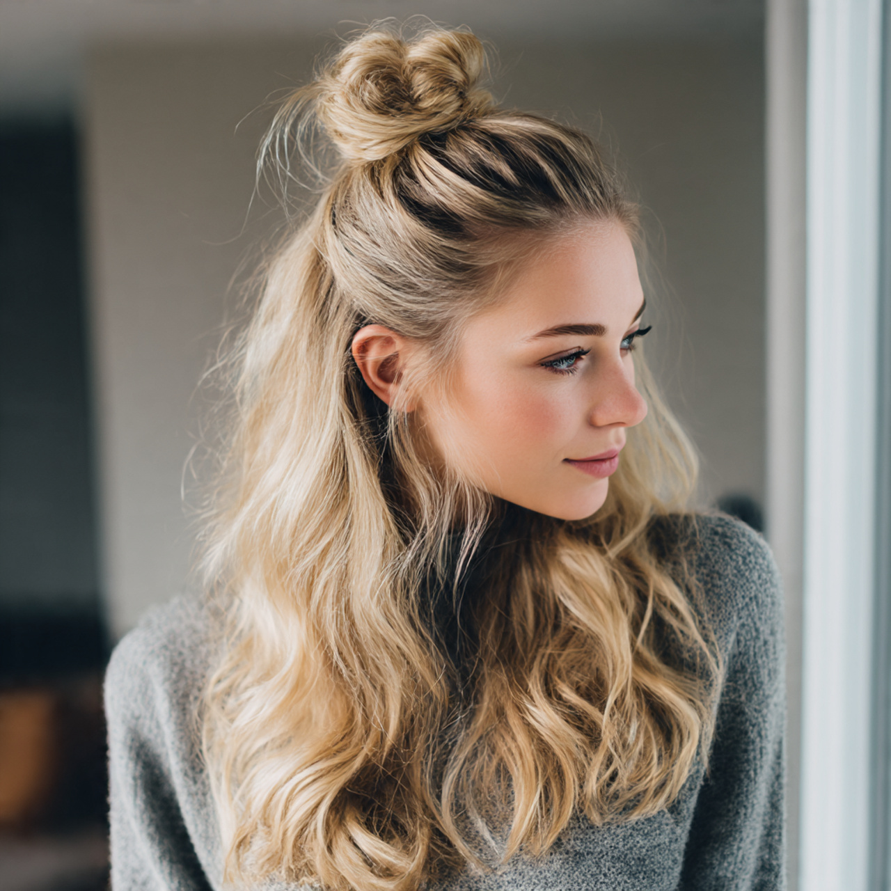 blonde hair styled in a half up top