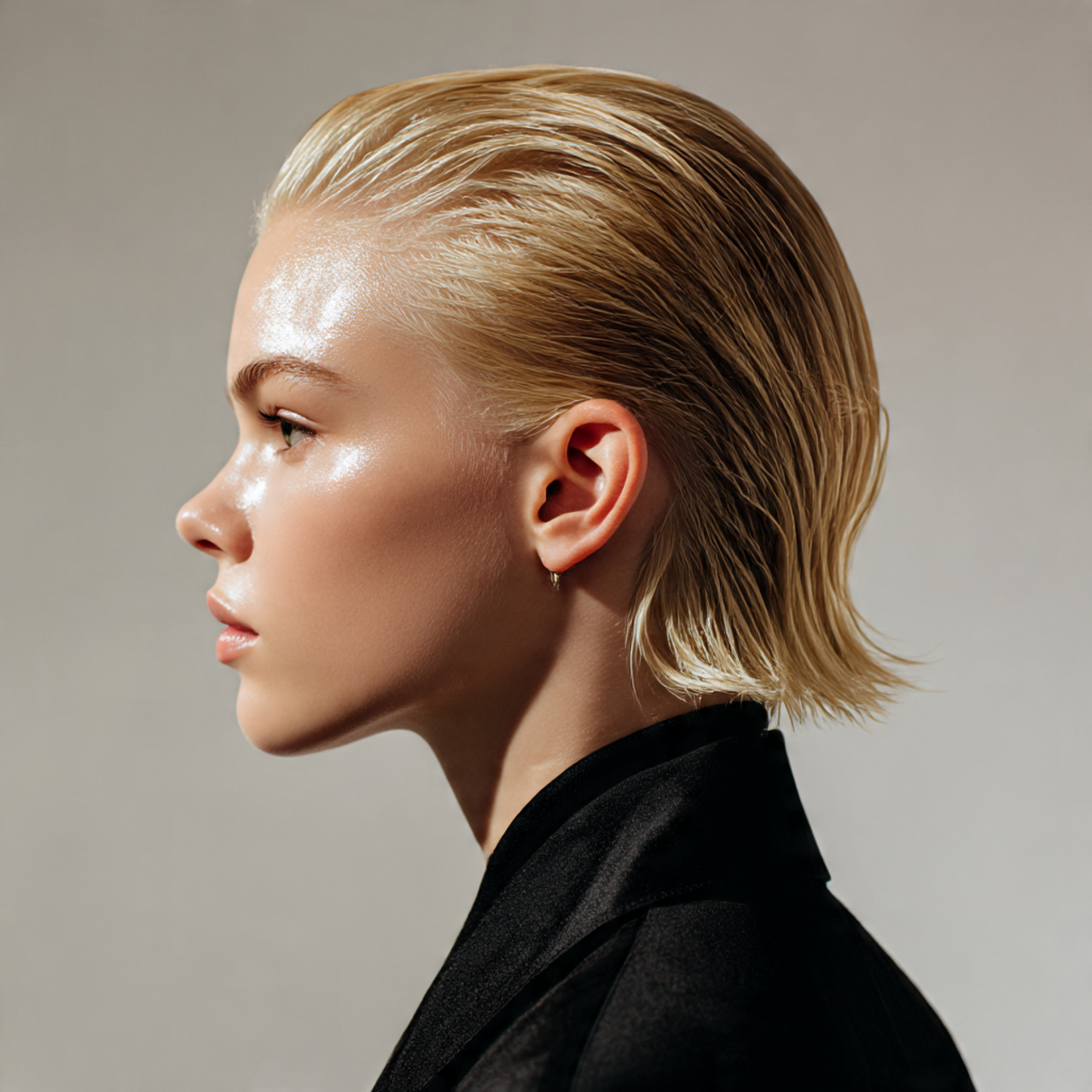 blonde hair styled in a sleek wet look