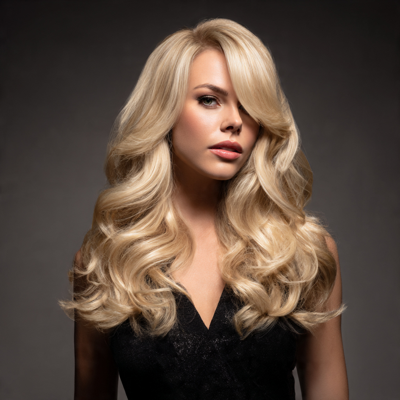blonde hairstyle with a dramatic side part