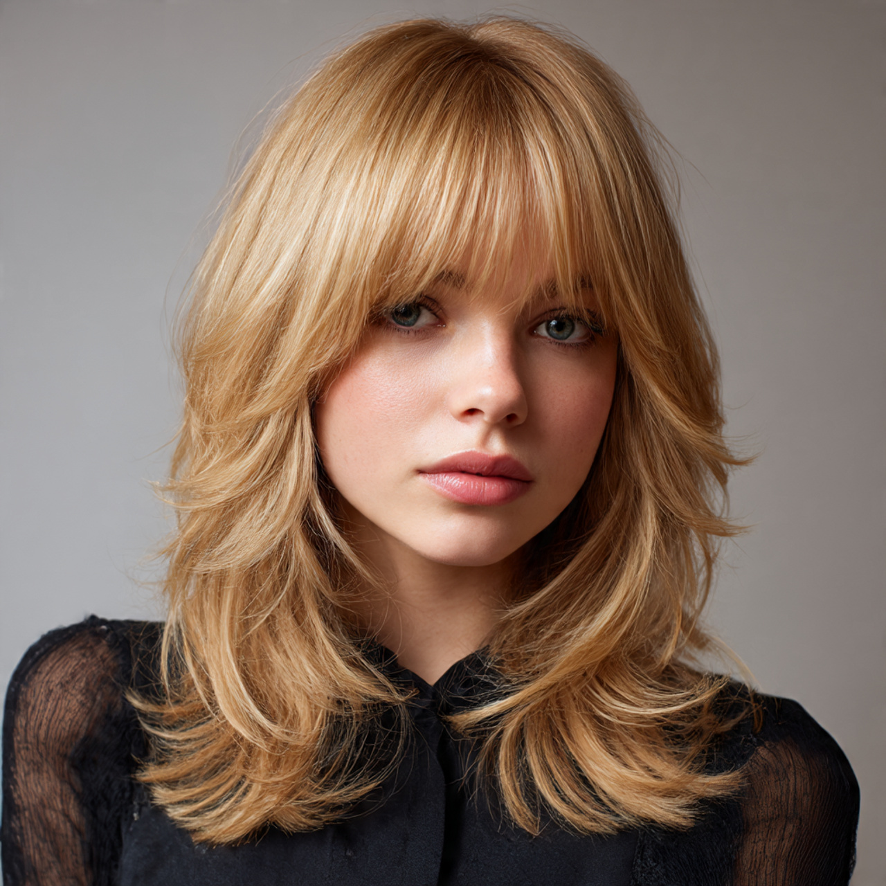 blonde hairstyle with soft feathered bangs and