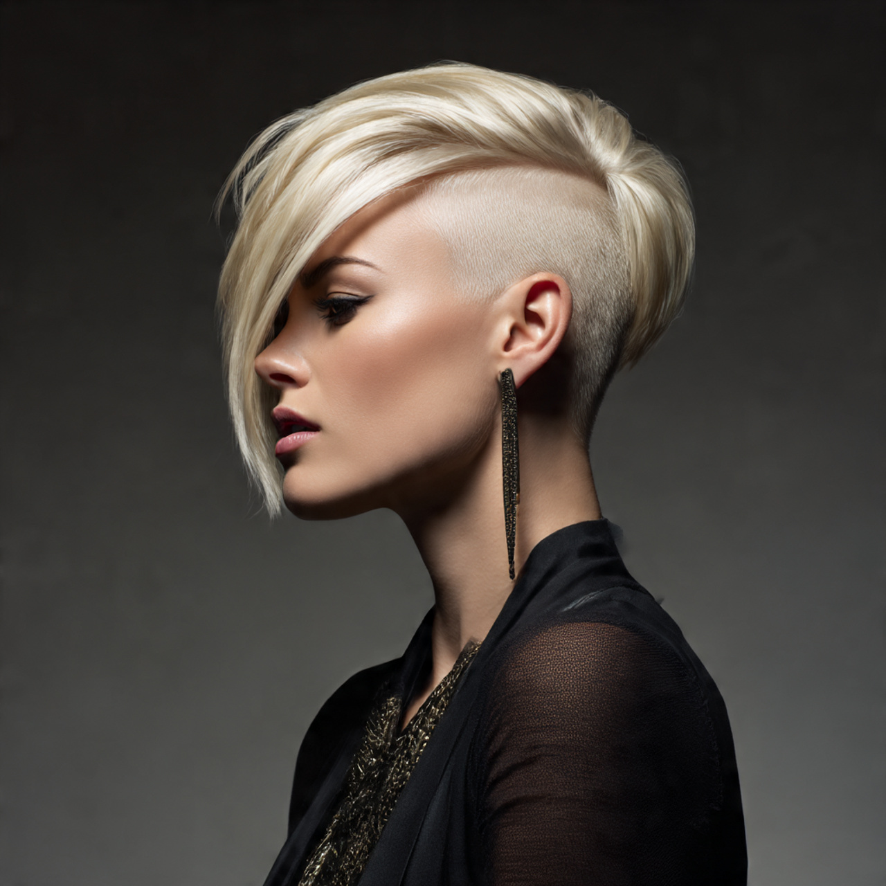 bold blonde hairstyle featuring a deep side