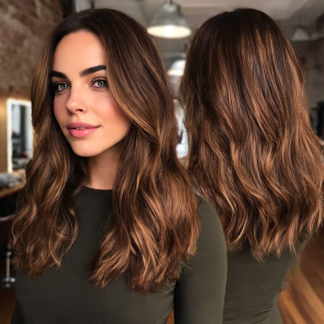 brown sugar hair with warm chestnut lowlights