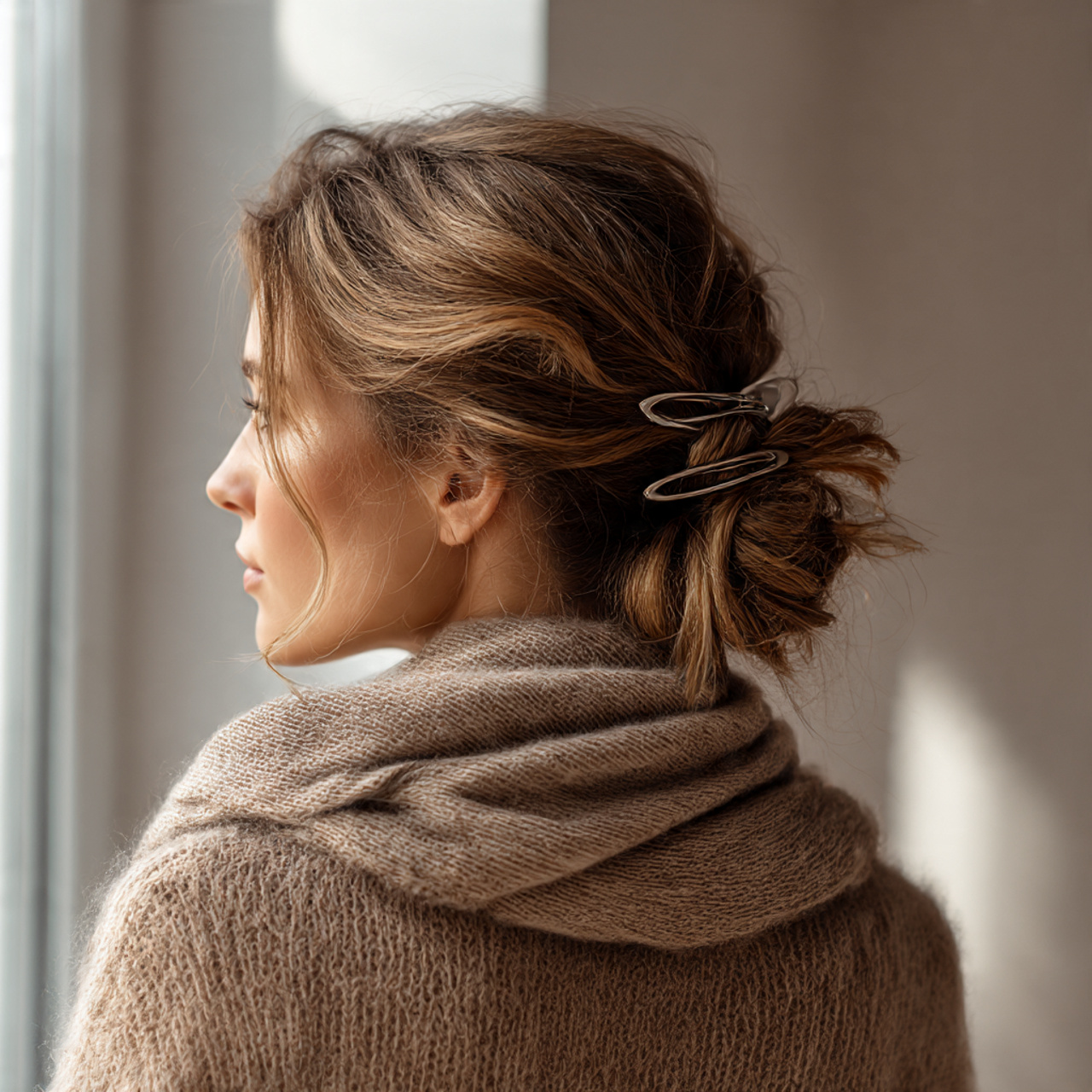 casual woman with effortless claw clip winter