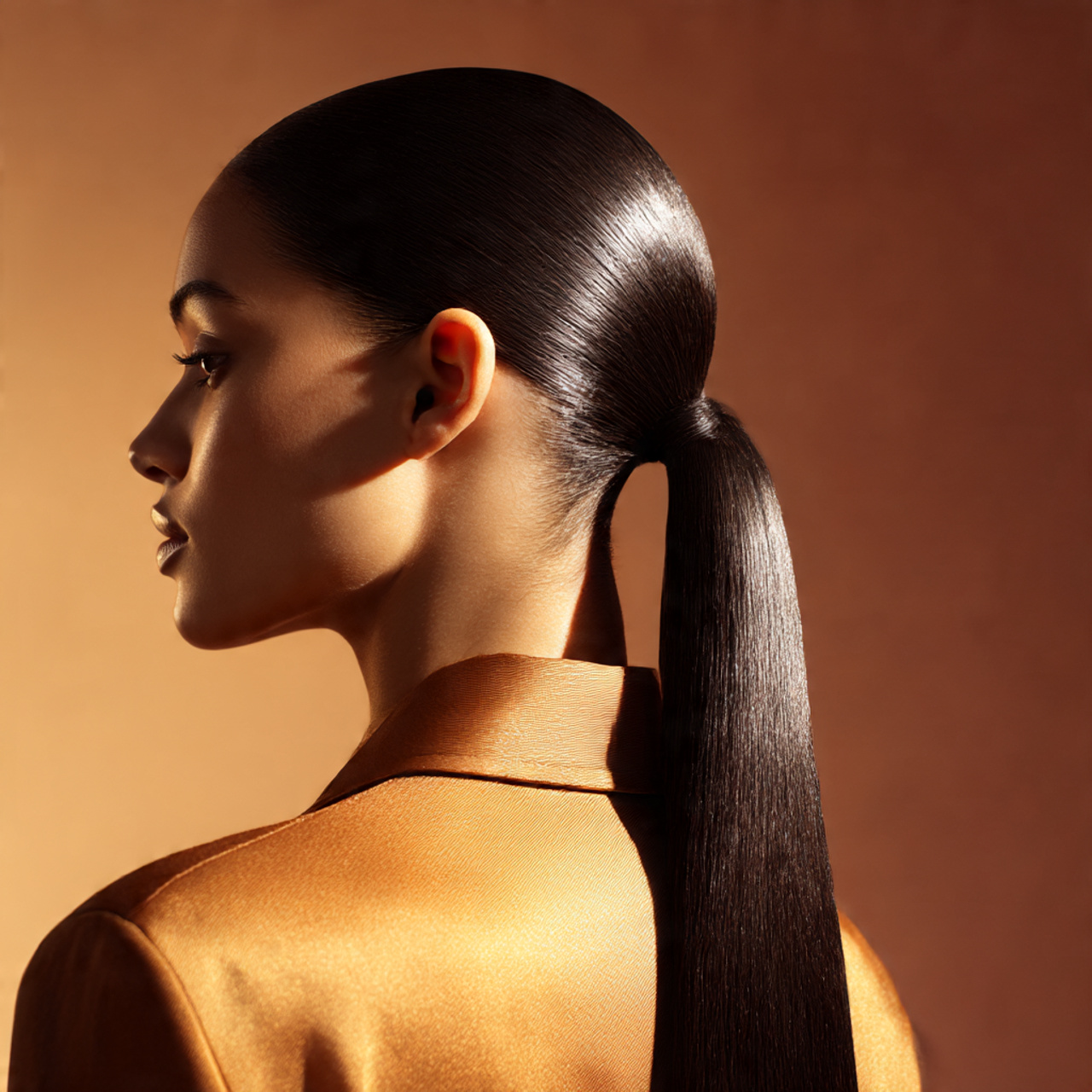 chic woman with a sleek high shine ponytail