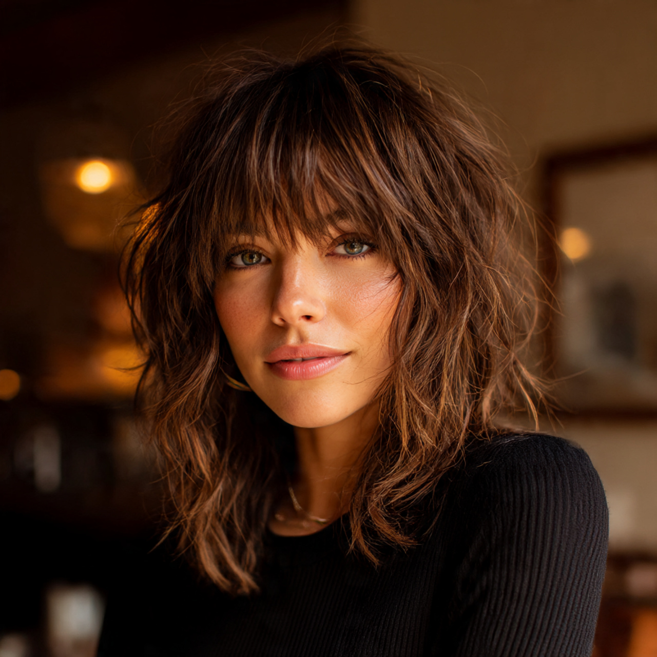 choppy layered shag haircut with piece y fringe