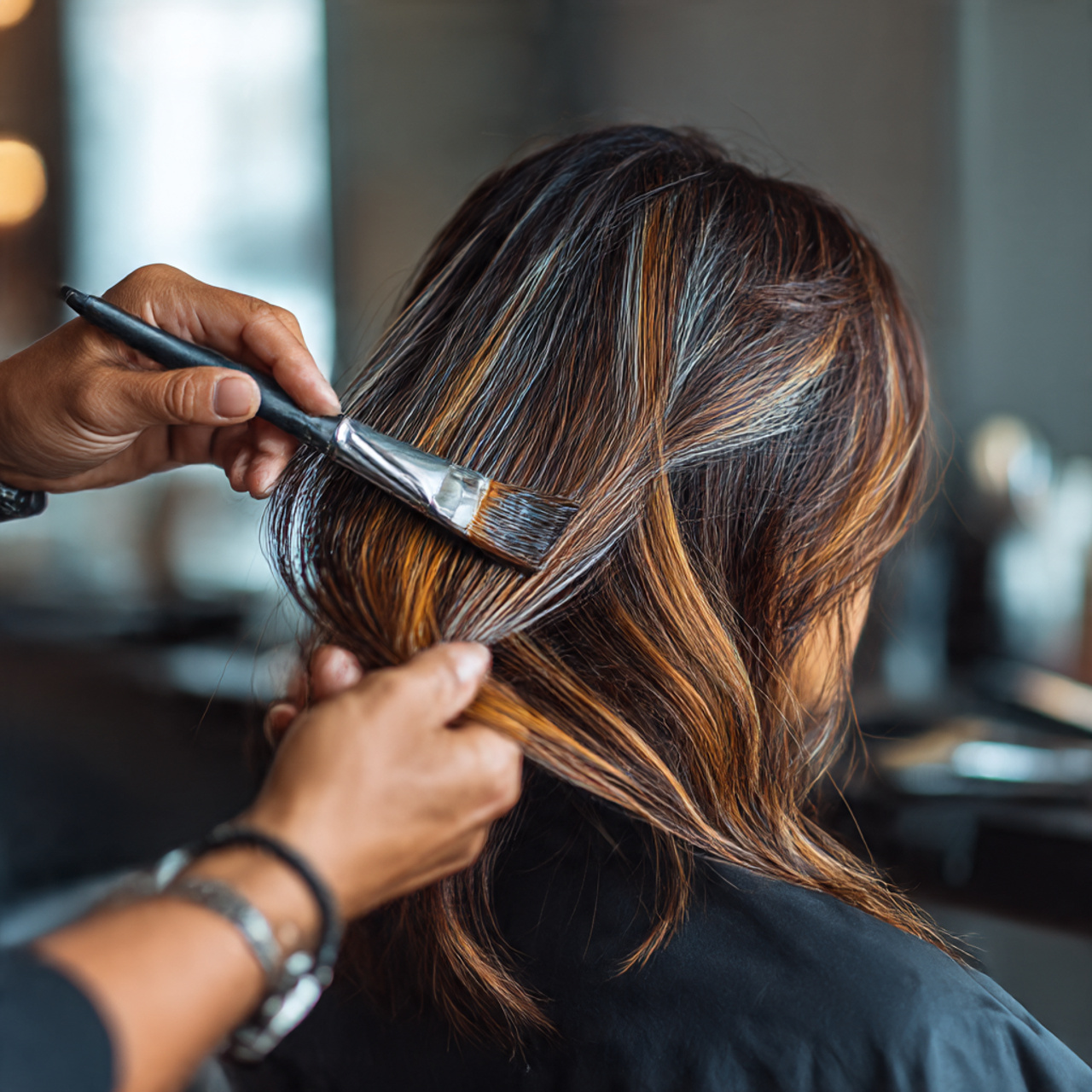 close up of a hairstylist applying hair color