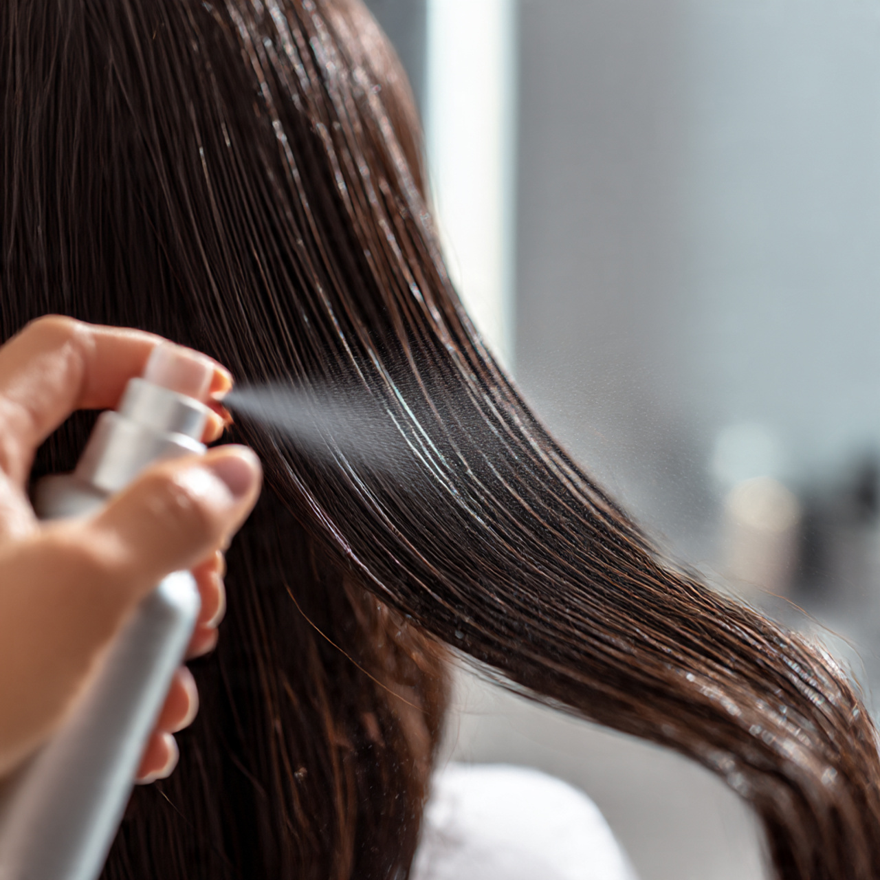 27 Short Silk Pressed Hair: Sleek, Shiny & Effortless Styles 2 close up of a hand applying heat protectant