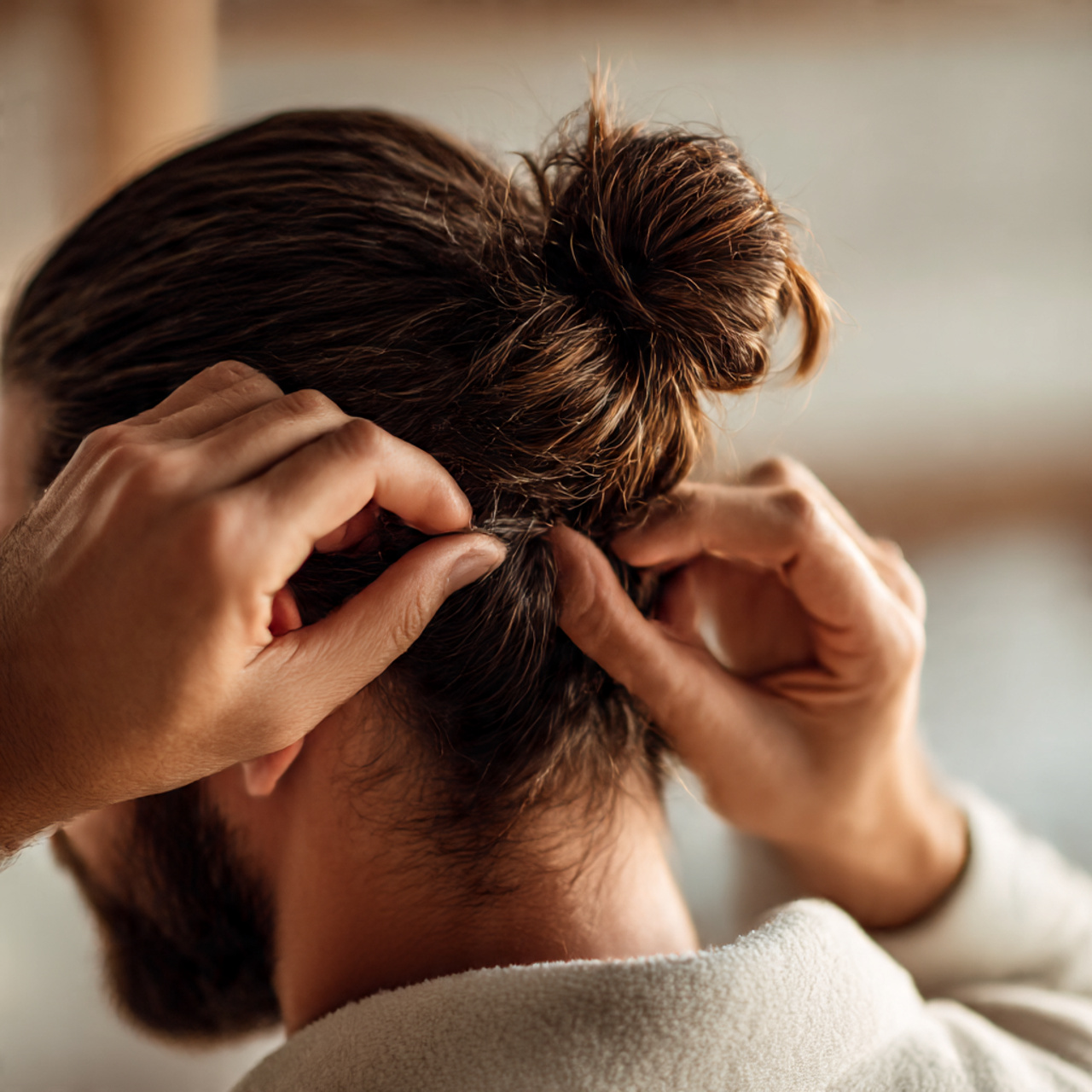 27 Best Long Hairstyles for Men Tips: Grow the Flow 14 close up of a man tying his long