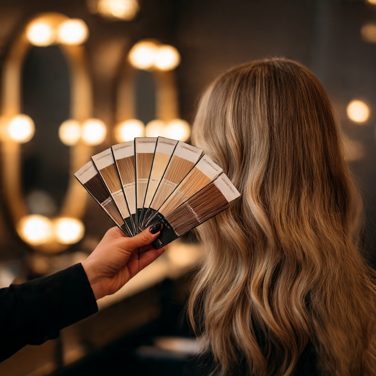 close up of a professional colorist holding swatches