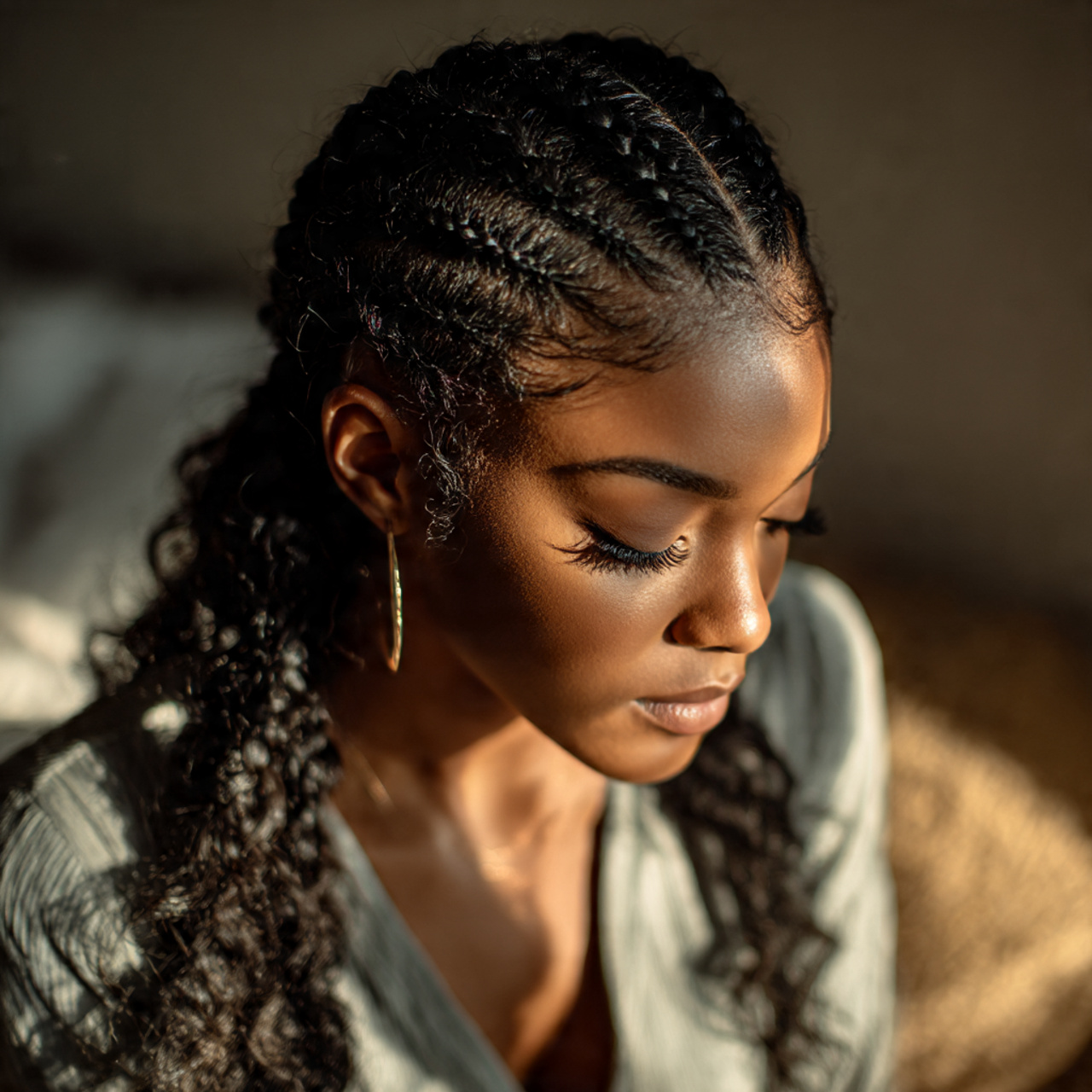 close up of a stylish woman showing braided