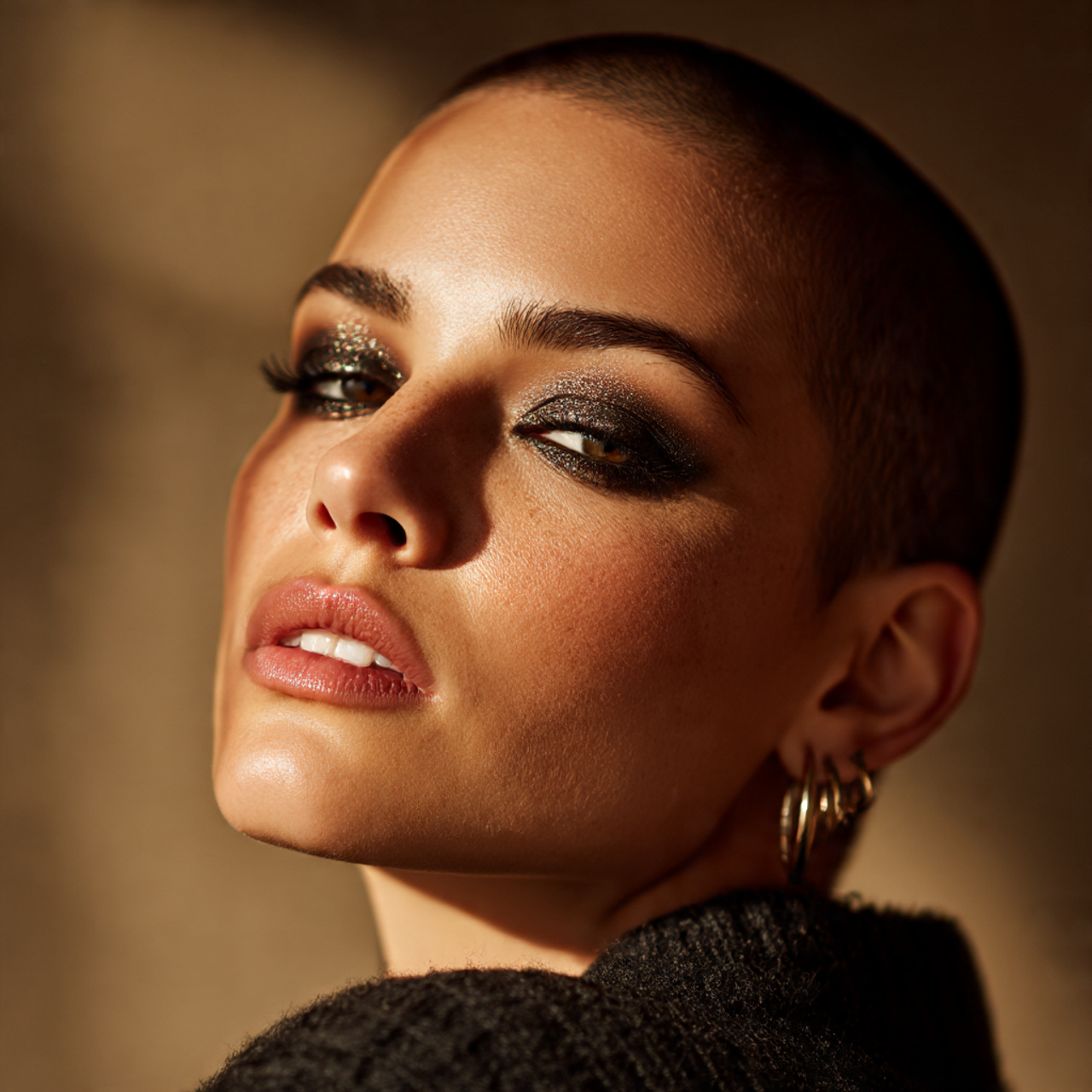 close up of a woman with a buzz