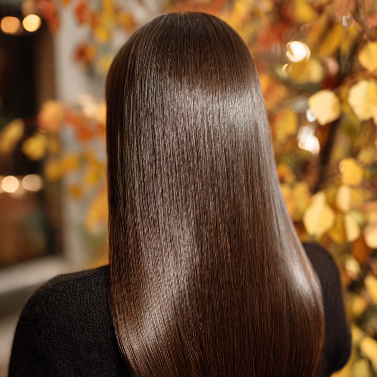 close up of long glossy dark brunette hair
