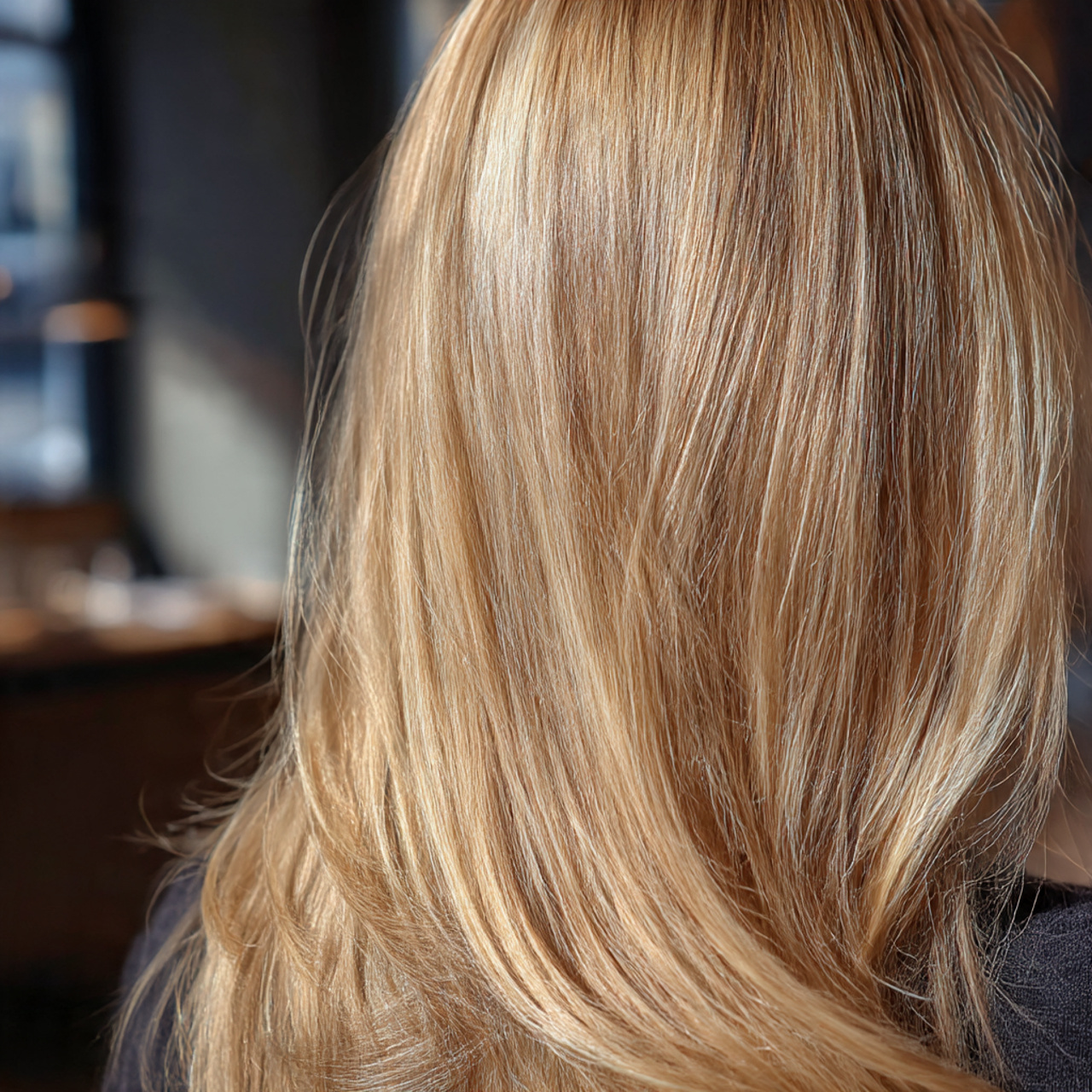 close up of shiny healthy hair blonde highlights