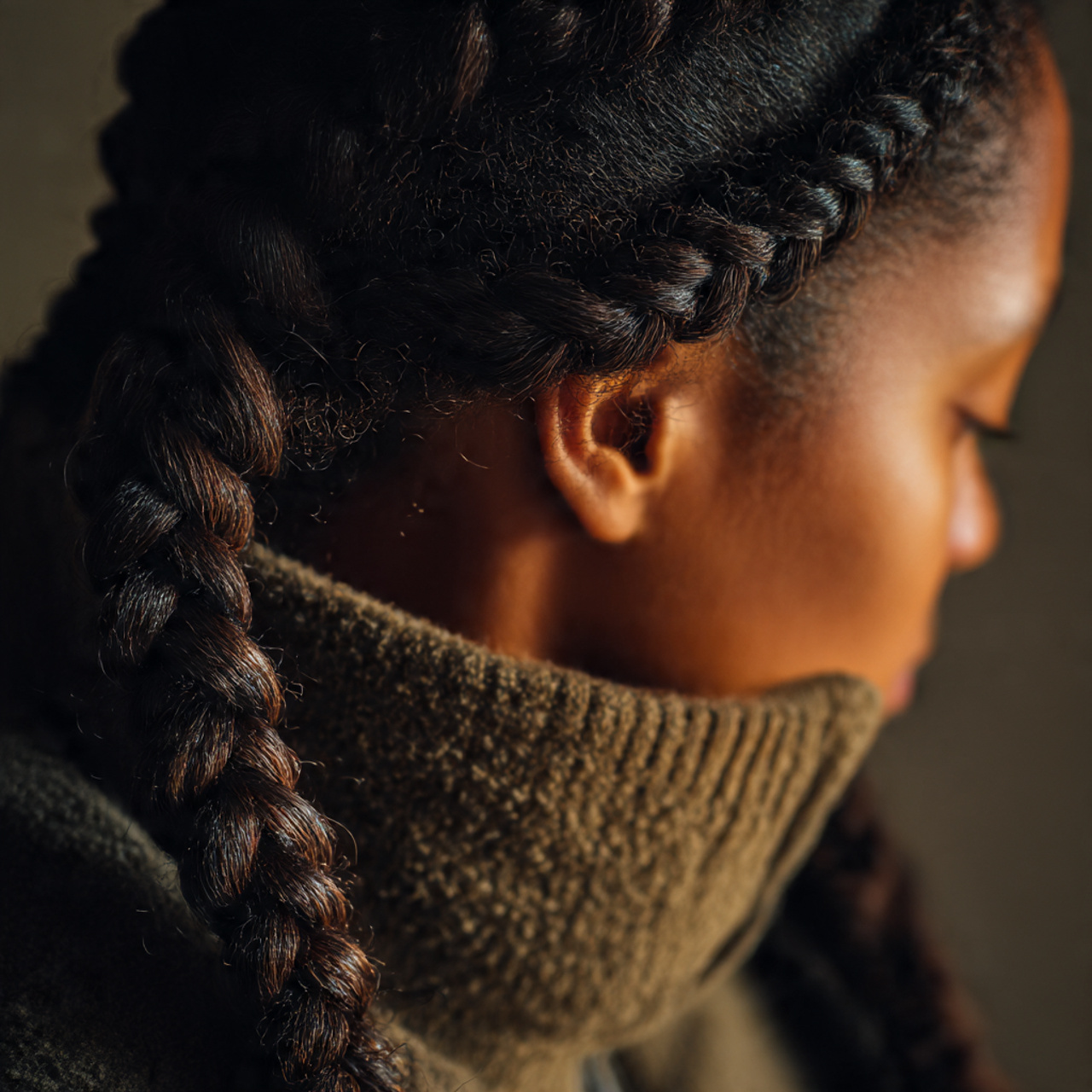close up of twisted flat braids on natural