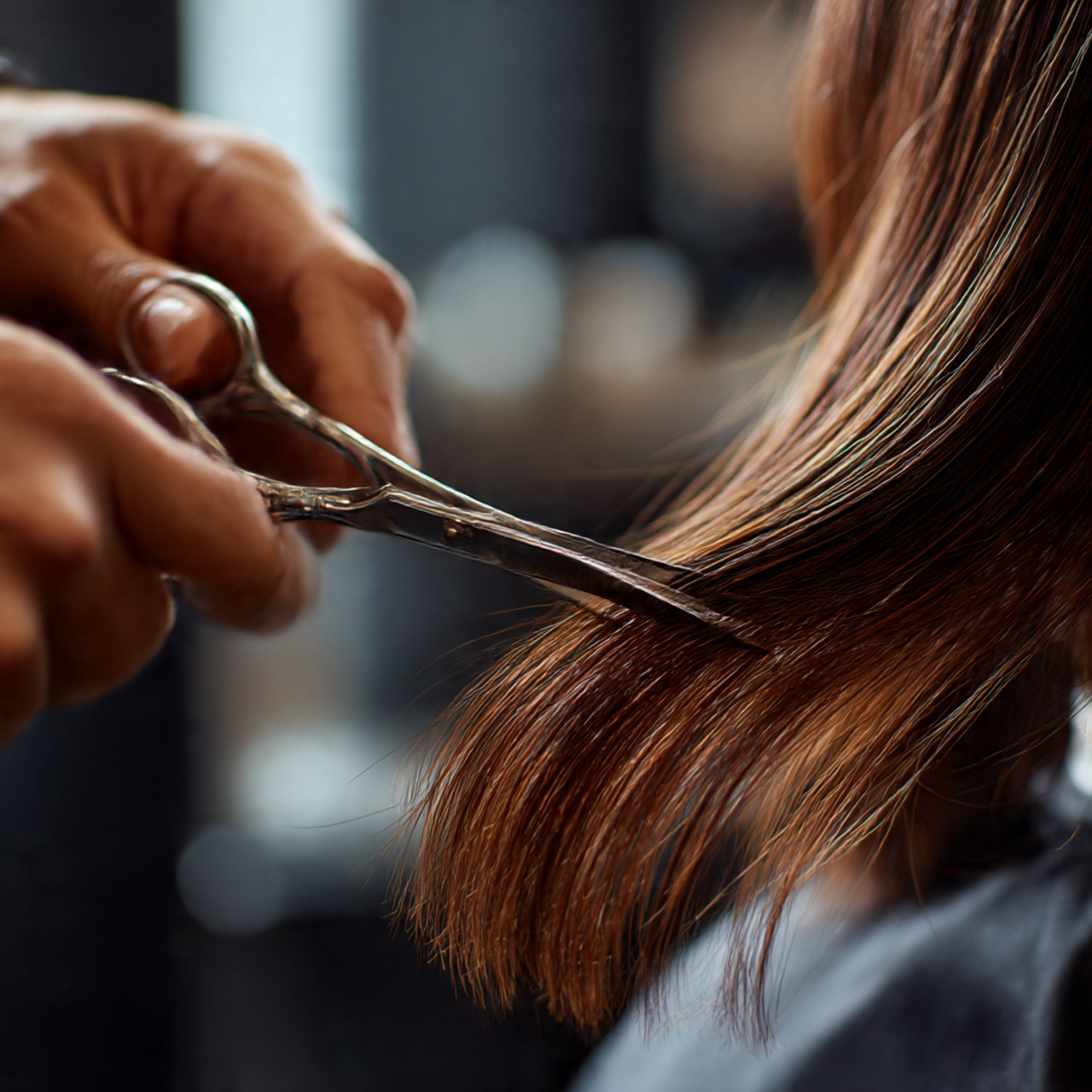close view of hairstylist performing precision point cutting