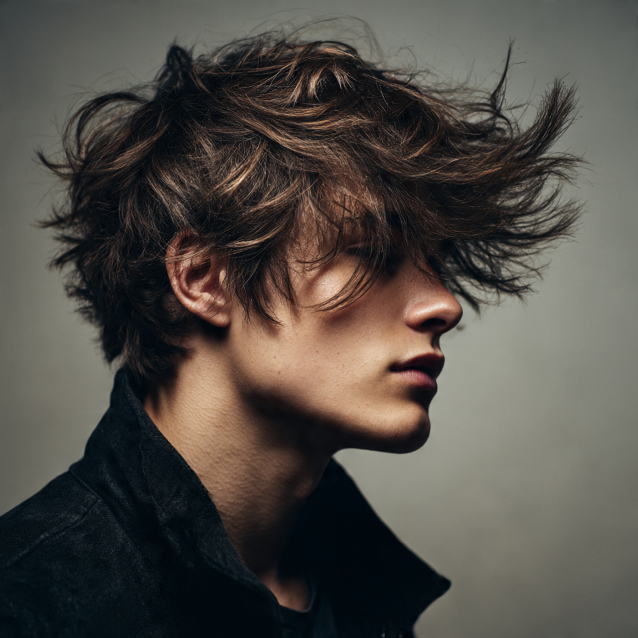 confident young man with side swept wolf cut