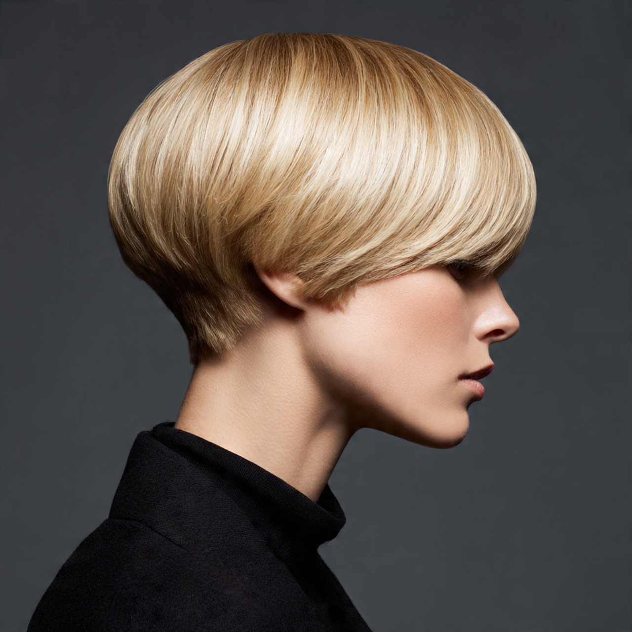 contemporary blonde bowl cut with smooth rounded