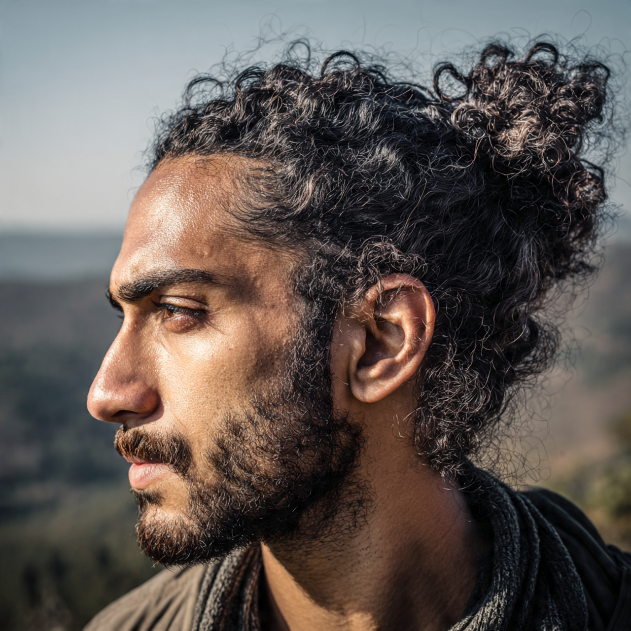 curly hair men curly man bun ultra realistic
