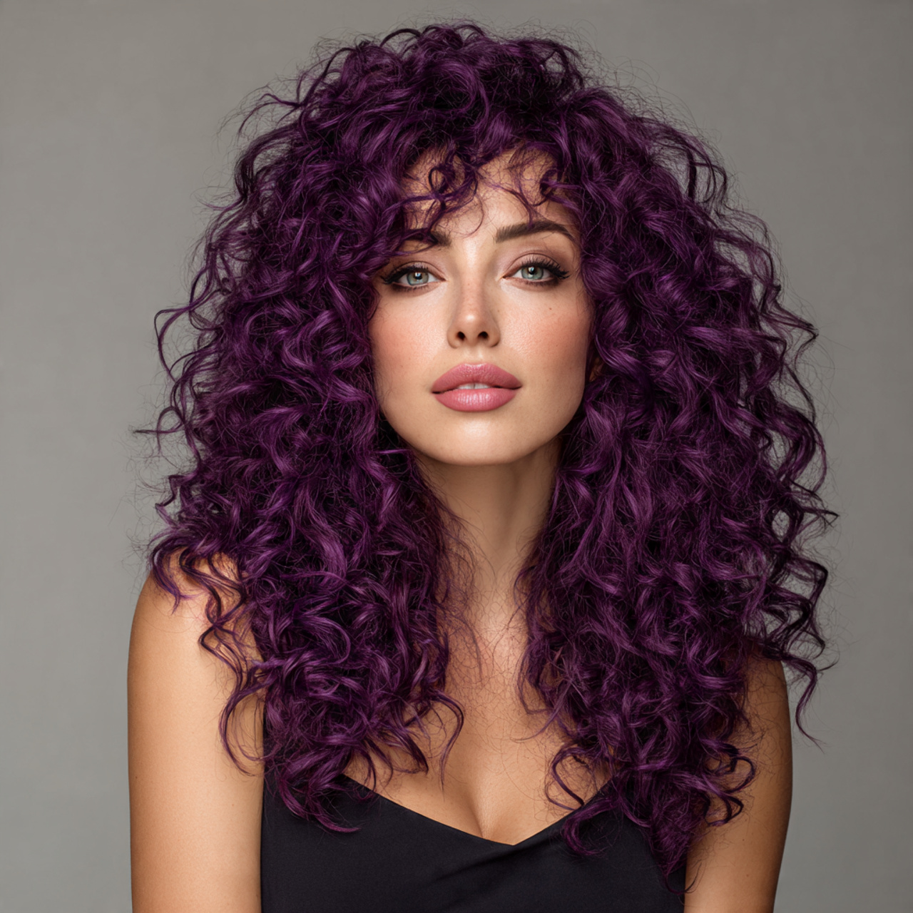 curly purple hair ultra realistic portrait of a woman