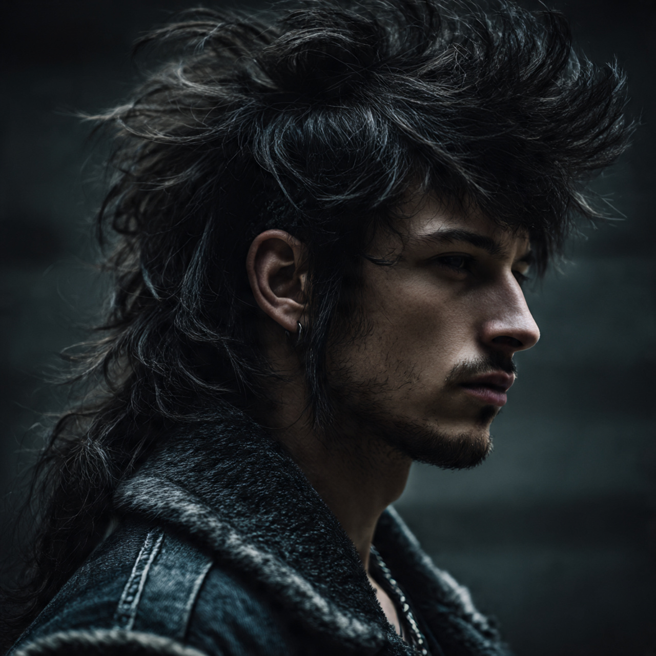 edgy male model with an aggressive mullet inspired