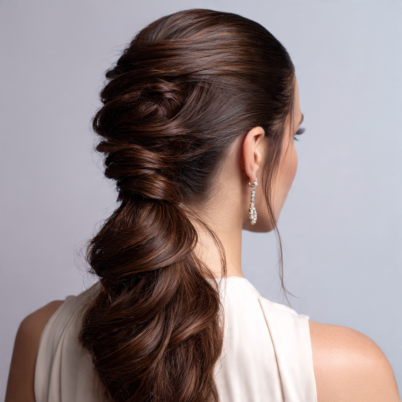 elegant formal waterfall ponytail hair twisted and