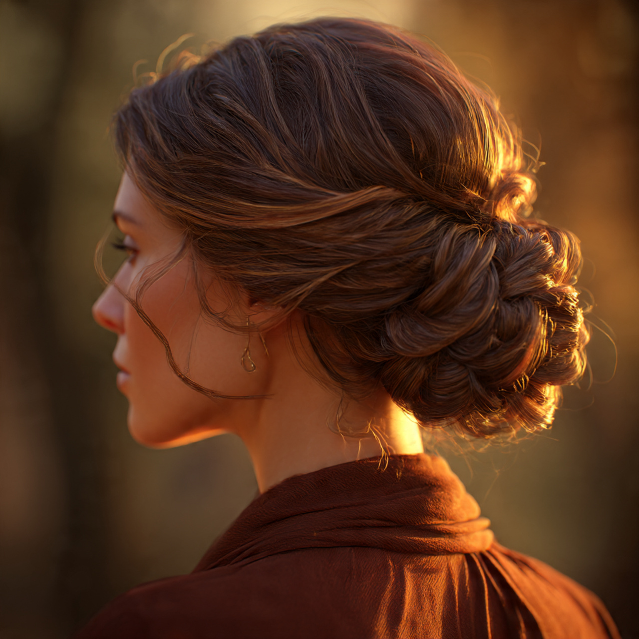 elegant woman low slung twisted chignon hairstyle soft