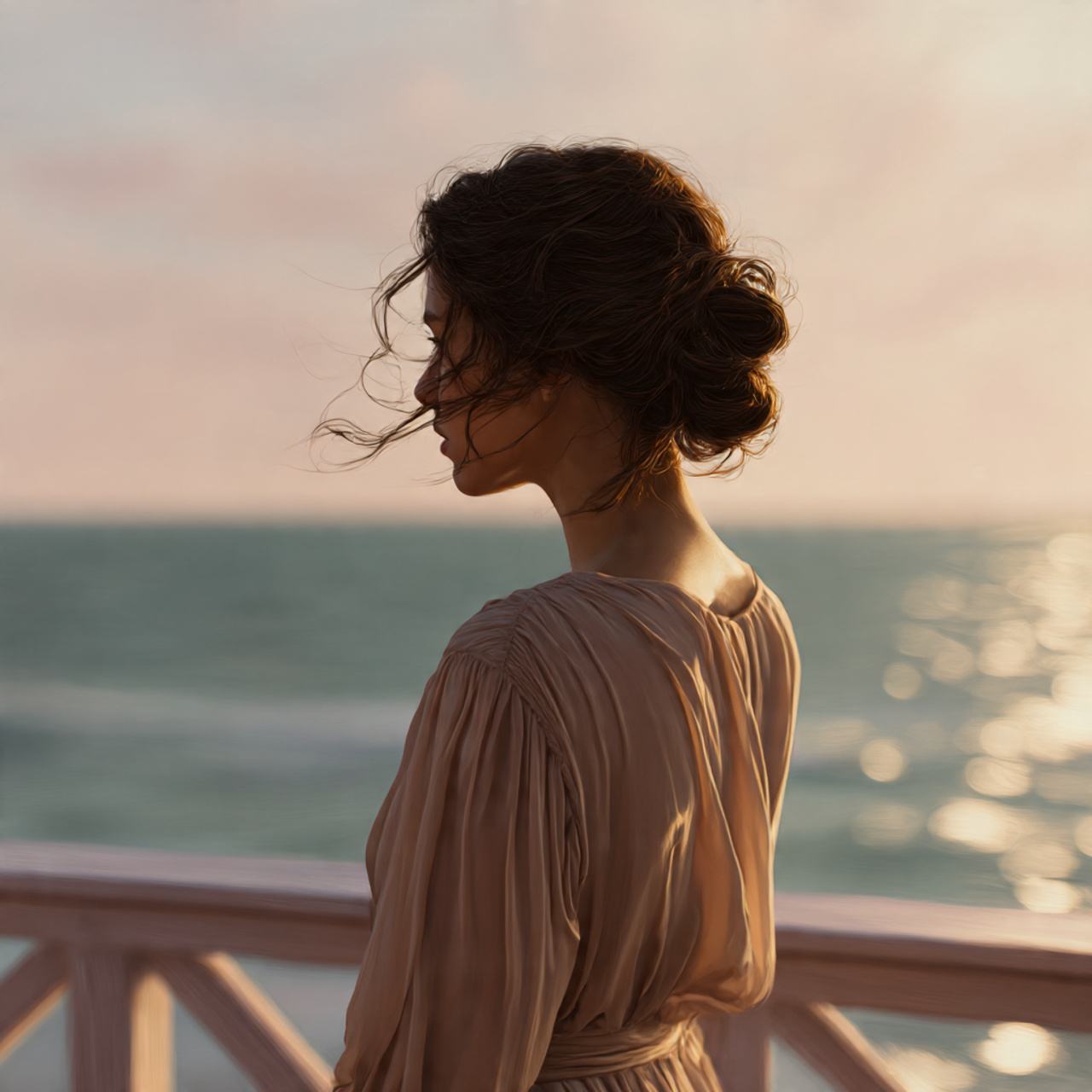 elegant woman standing on a boardwalk overlooking