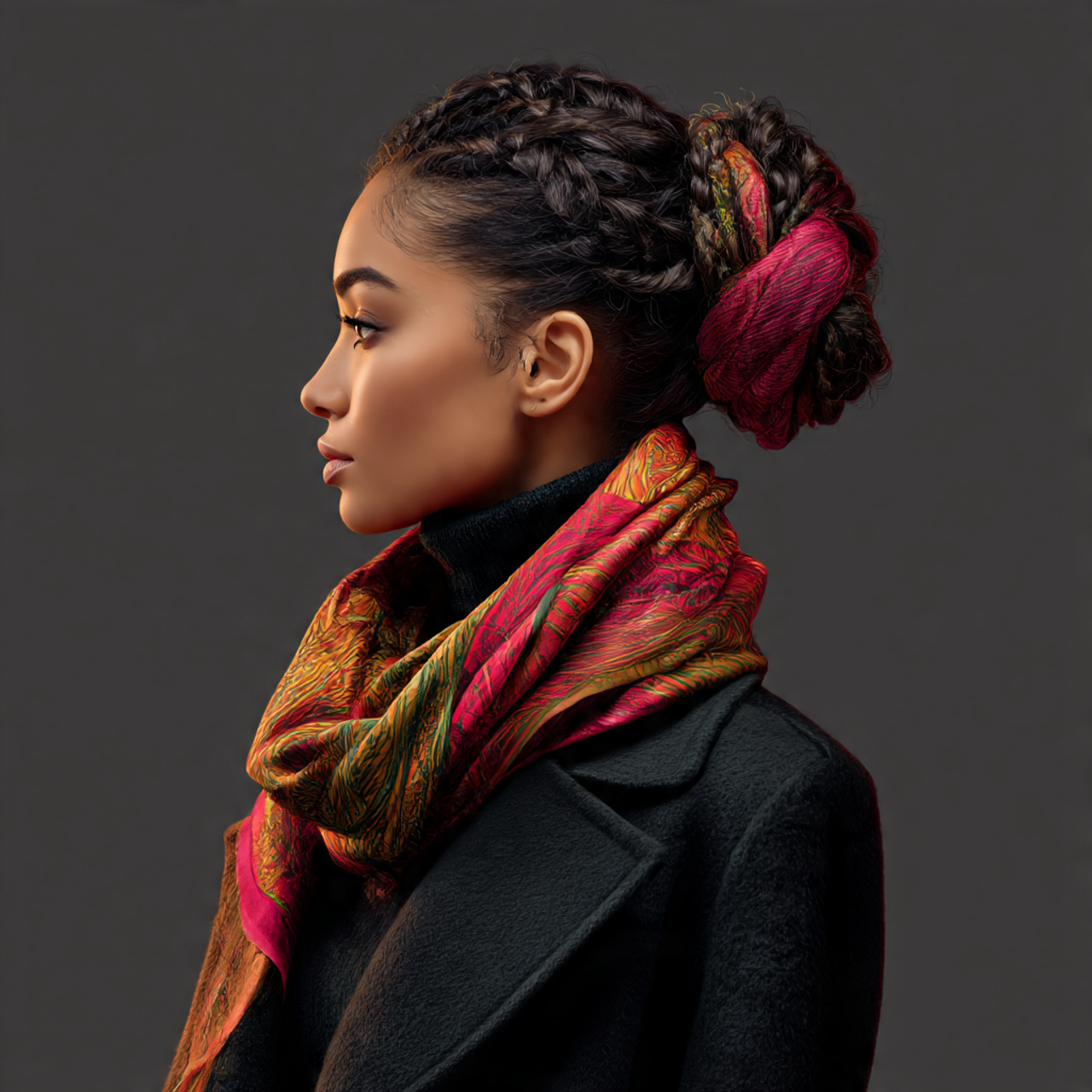 elegant woman with a knotted scarf updo